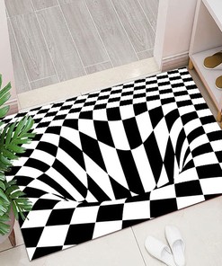 Intriguing 3D Vortex Optical Illusion Rug - Black and White Checkered Design