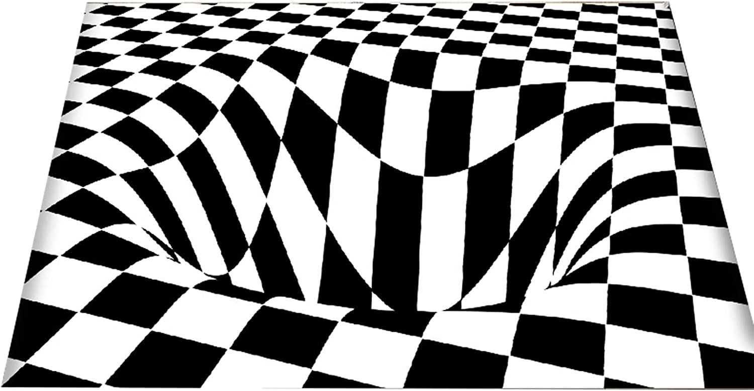 Intriguing 3D Vortex Optical Illusion Rug - Black and White Checkered Design - Image 2