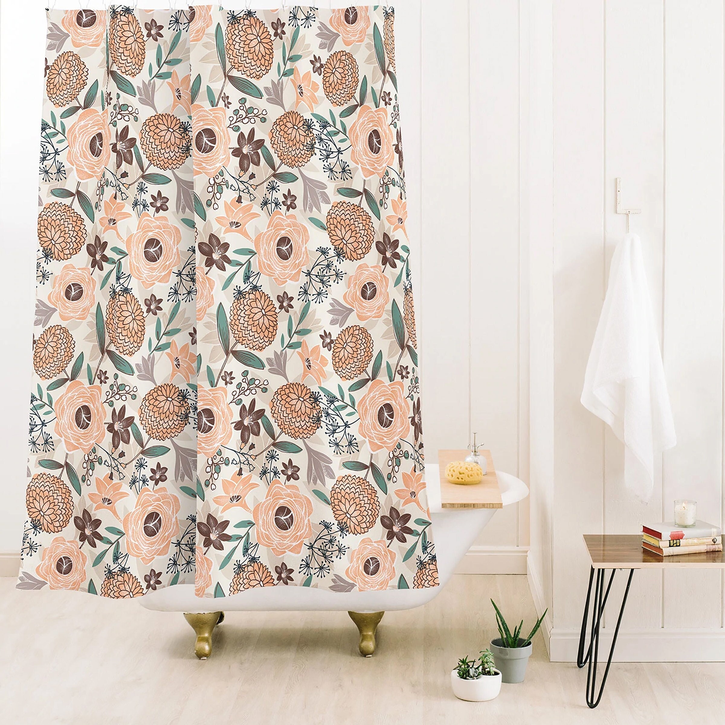 Ivory Boho Style Floral Shower Curtain, Adds a Touch of Elegance to Your Bathroom Decor, Fabric Bath Curtain