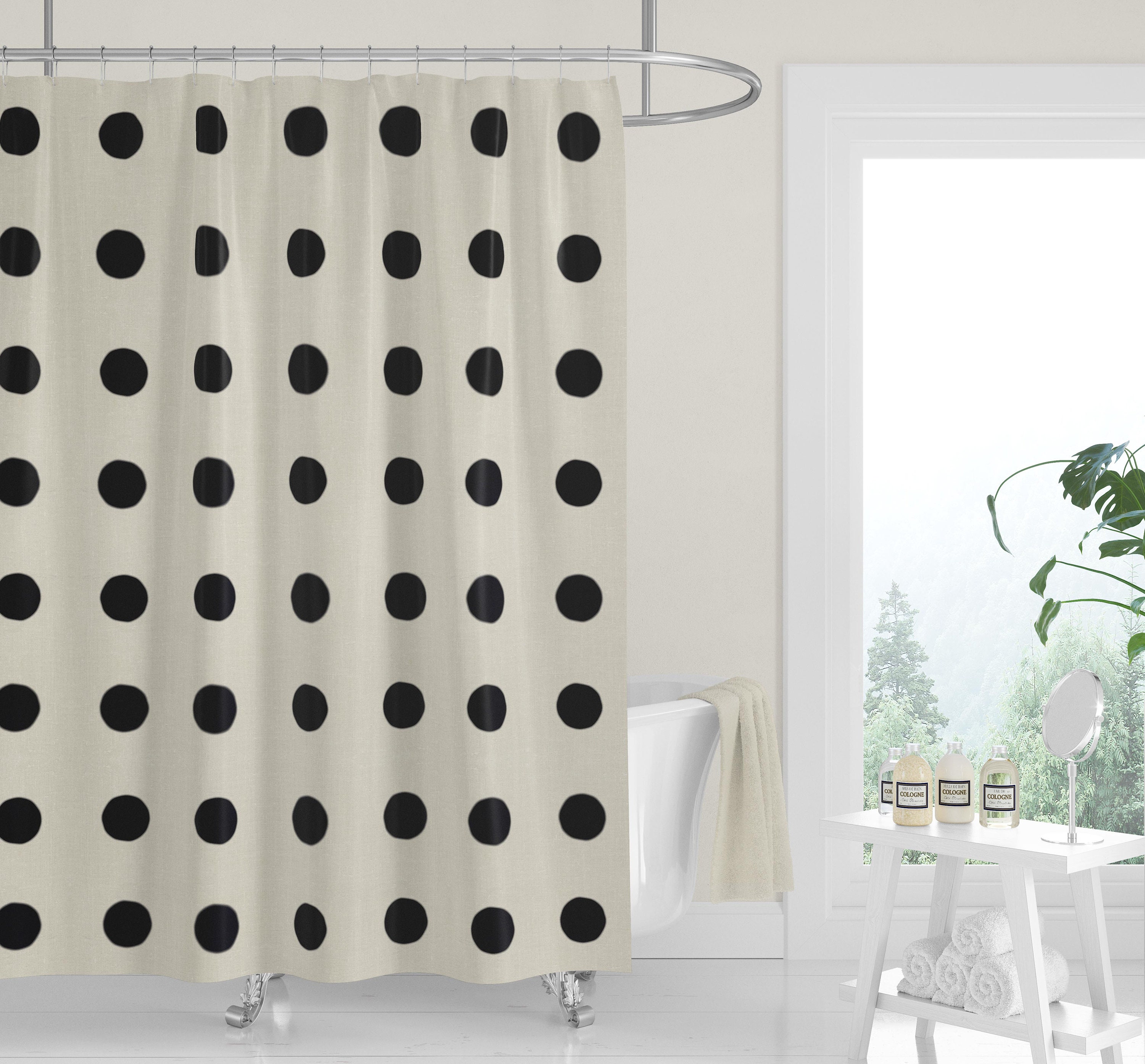 Ivory White Boho Dots Shower Curtain / Neutral Fabric Bath Curtain / Minimalist Design - Image 2