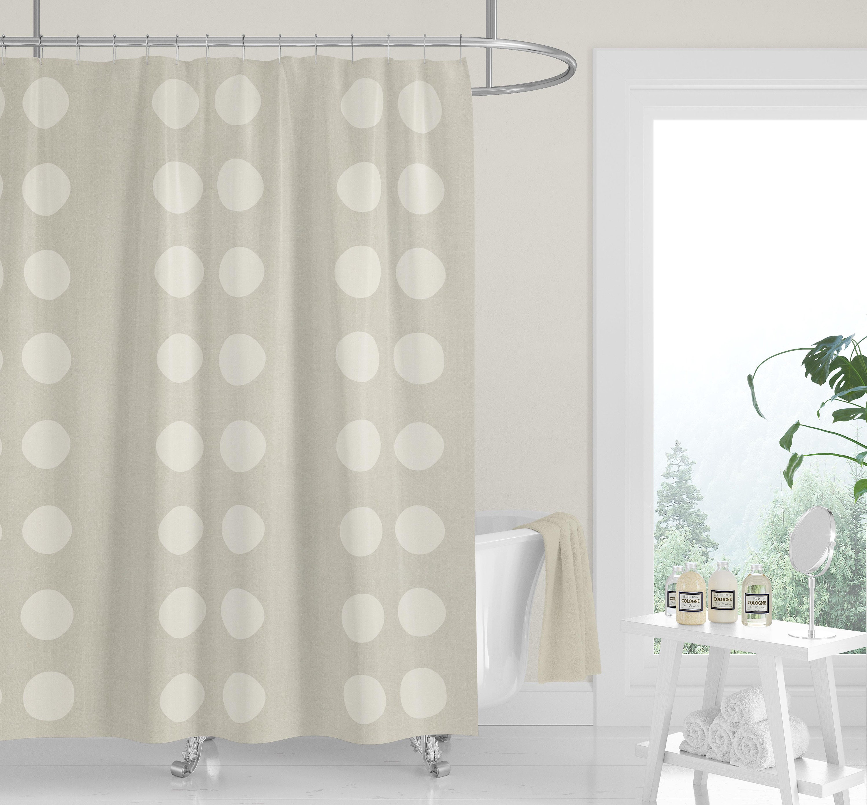 Ivory White Boho Dots Shower Curtain / Neutral Fabric Bath Curtain / Minimalist Design - Image 3