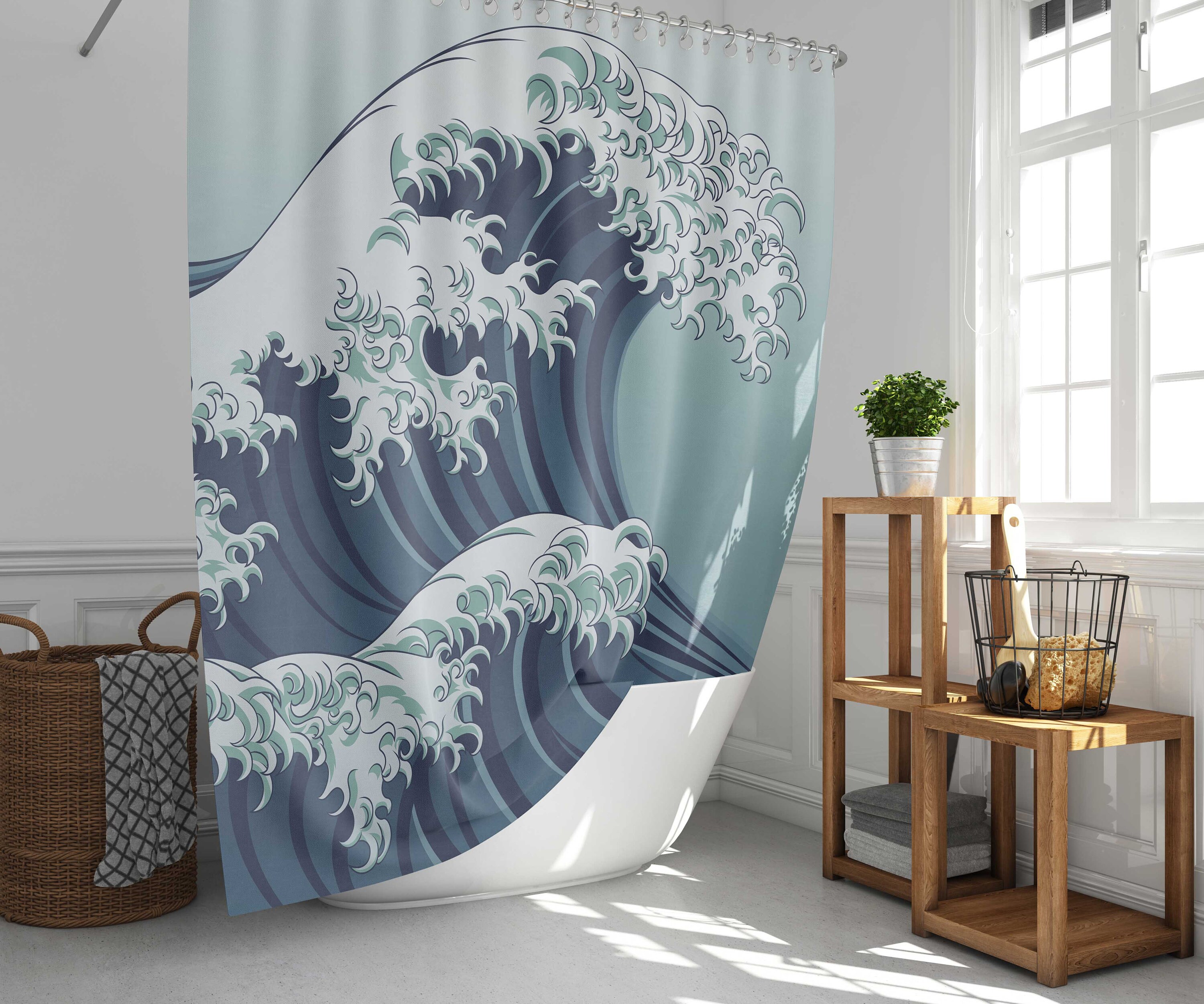 Japan sea ocean coast Shower Curtain | Great wave of Kanagawa fabric Bathroom Curtain & Mat Housewarming gift
