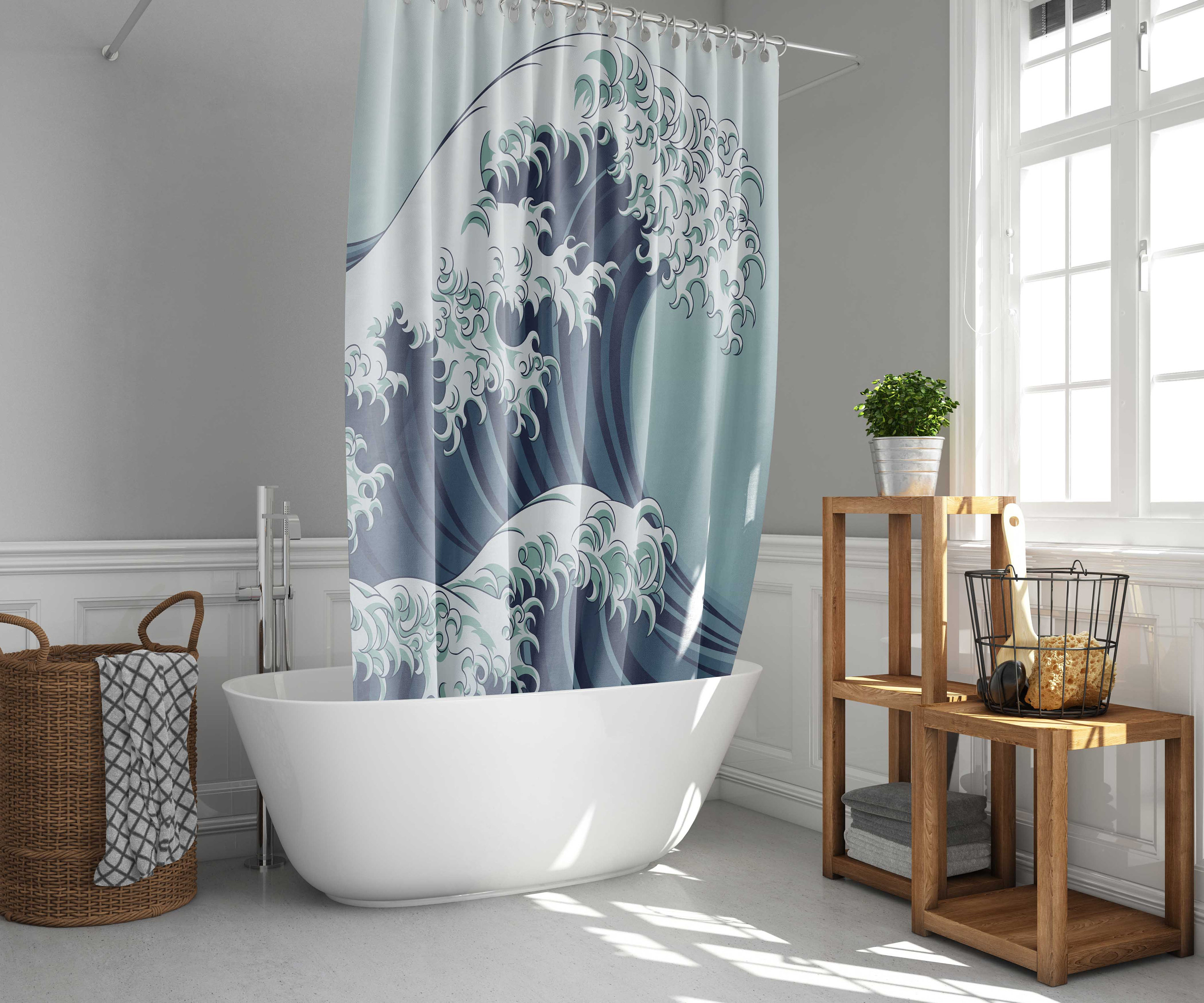 Japan sea ocean coast Shower Curtain | Great wave of Kanagawa fabric Bathroom Curtain & Mat Housewarming gift - Image 2