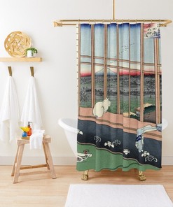 Japanese Art Cat Shower Curtain | Unique Cat Lover Eco-Friendly Material + Hooks | Bathroom Decor + Quotes