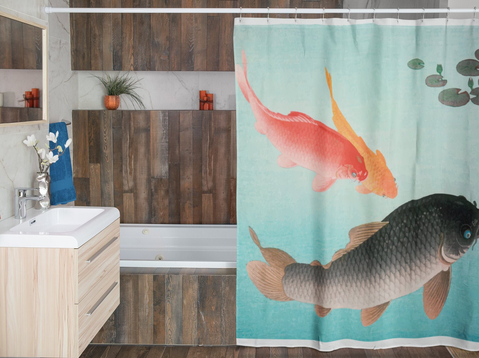 Japanese Fishes Shower Curtain | Eco-Friendly Waterproof Bath Curtain Vintage Fish Design
