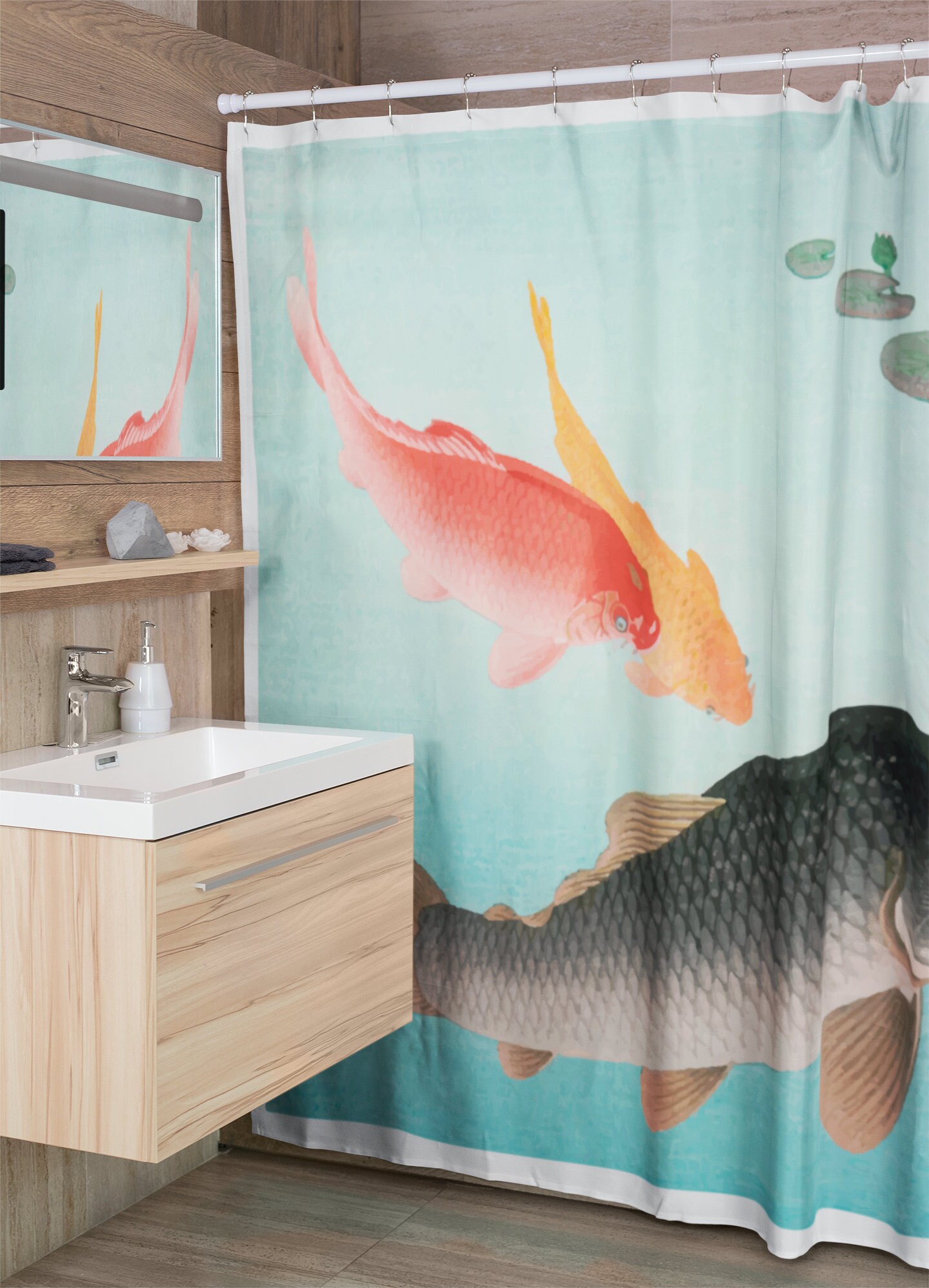 Japanese Fishes Shower Curtain | Eco-Friendly Waterproof Bath Curtain Vintage Fish Design - Image 2