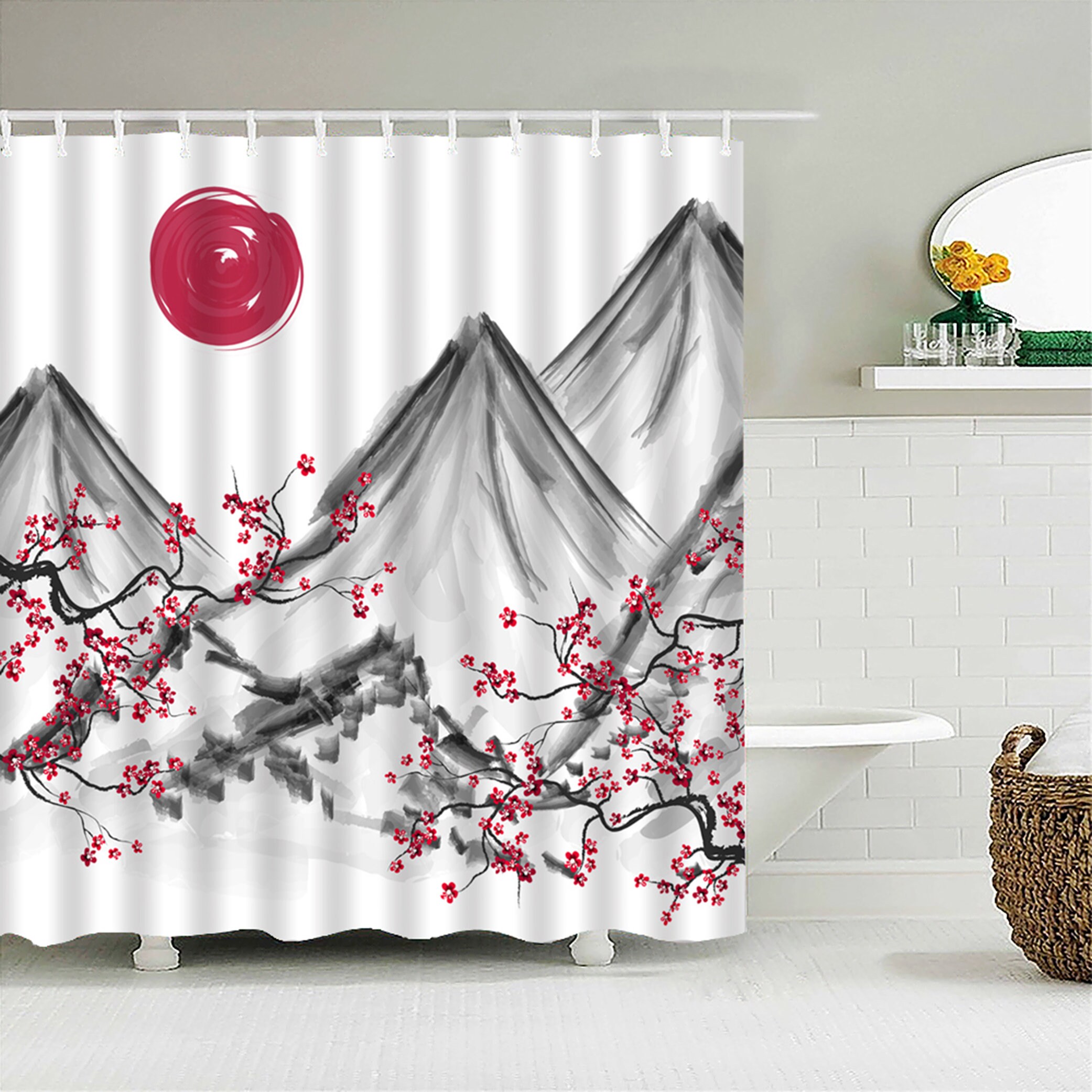 Japanese Mountain View Shower Curtain | Classic Pink Sherry Blossom, Watercolor Red Moon Fuji Landscape
