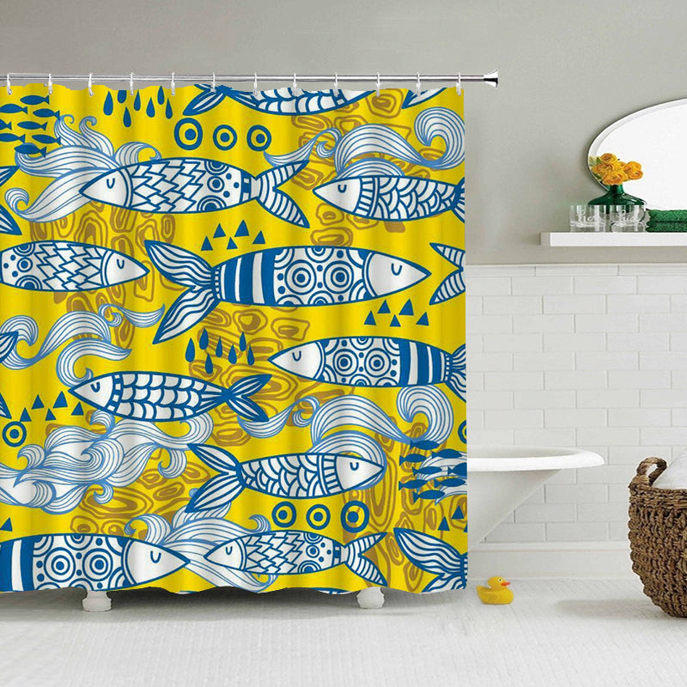 Japanese Style Fish Shower Curtain, Ocean Sea Life Bathroom Decoration, Housewarming Gift Idea