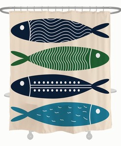 Japanese Style Fish Shower Curtain with Hooks, Waterproof & Washable for Bathtub