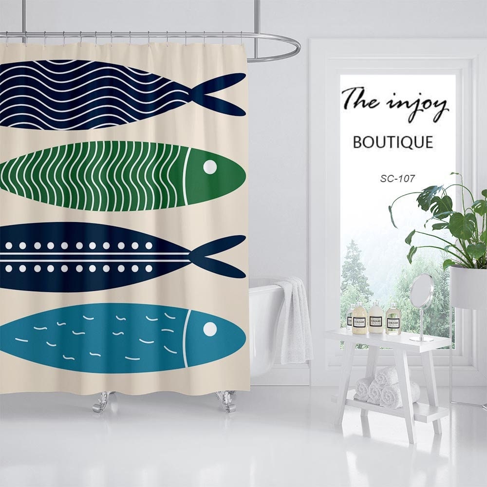 Japanese Style Fish Shower Curtain with Hooks, Waterproof & Washable for Bathtub - Image 2