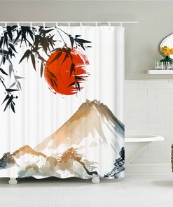 Japanese Watercolor Landscape Shower Curtain, Mountain View and Bamboo Tree Fabric Bathroom Decoration