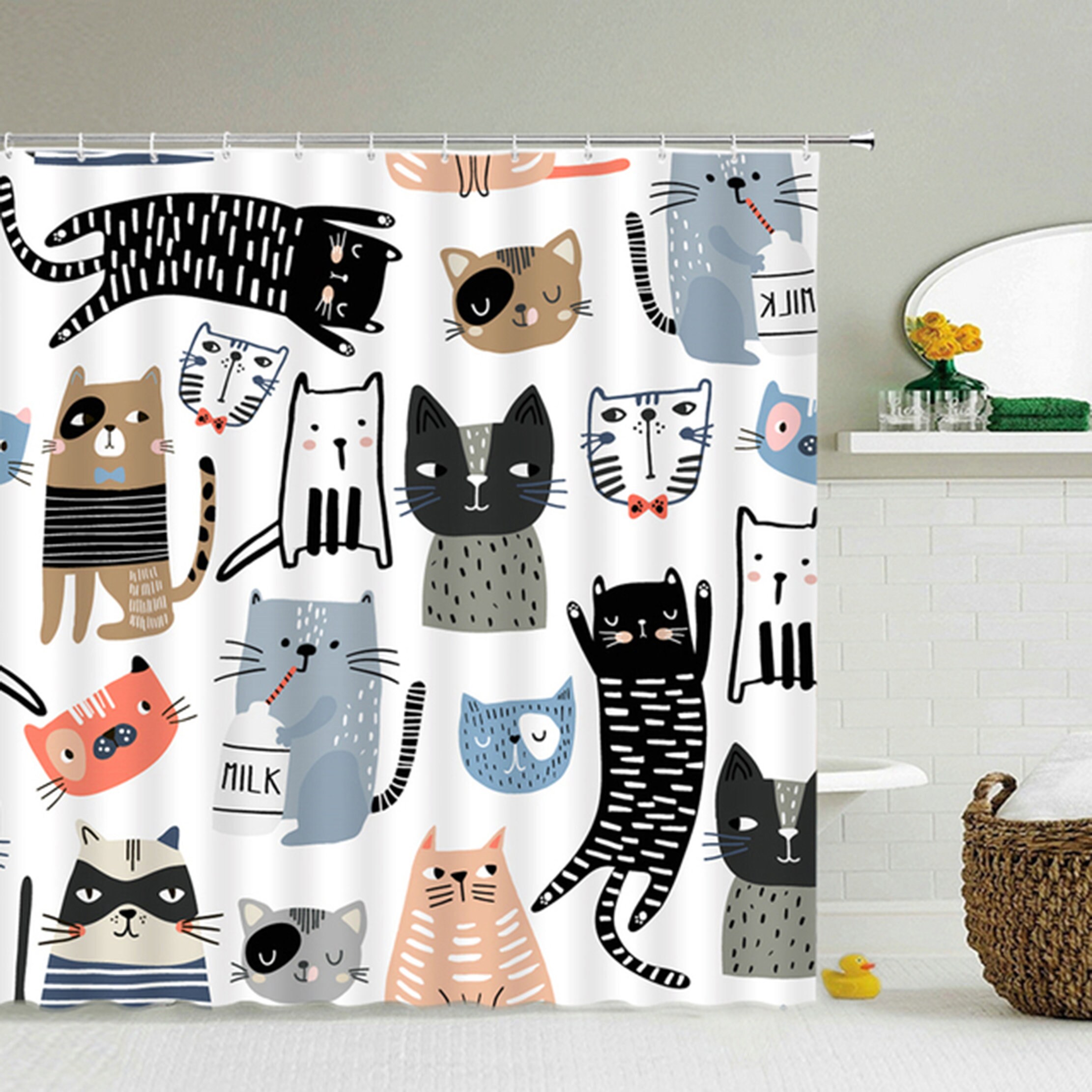 Japanese design Shower Curtain | Cute cat pet animal fabric House warming gift for cat lovers and cat mom