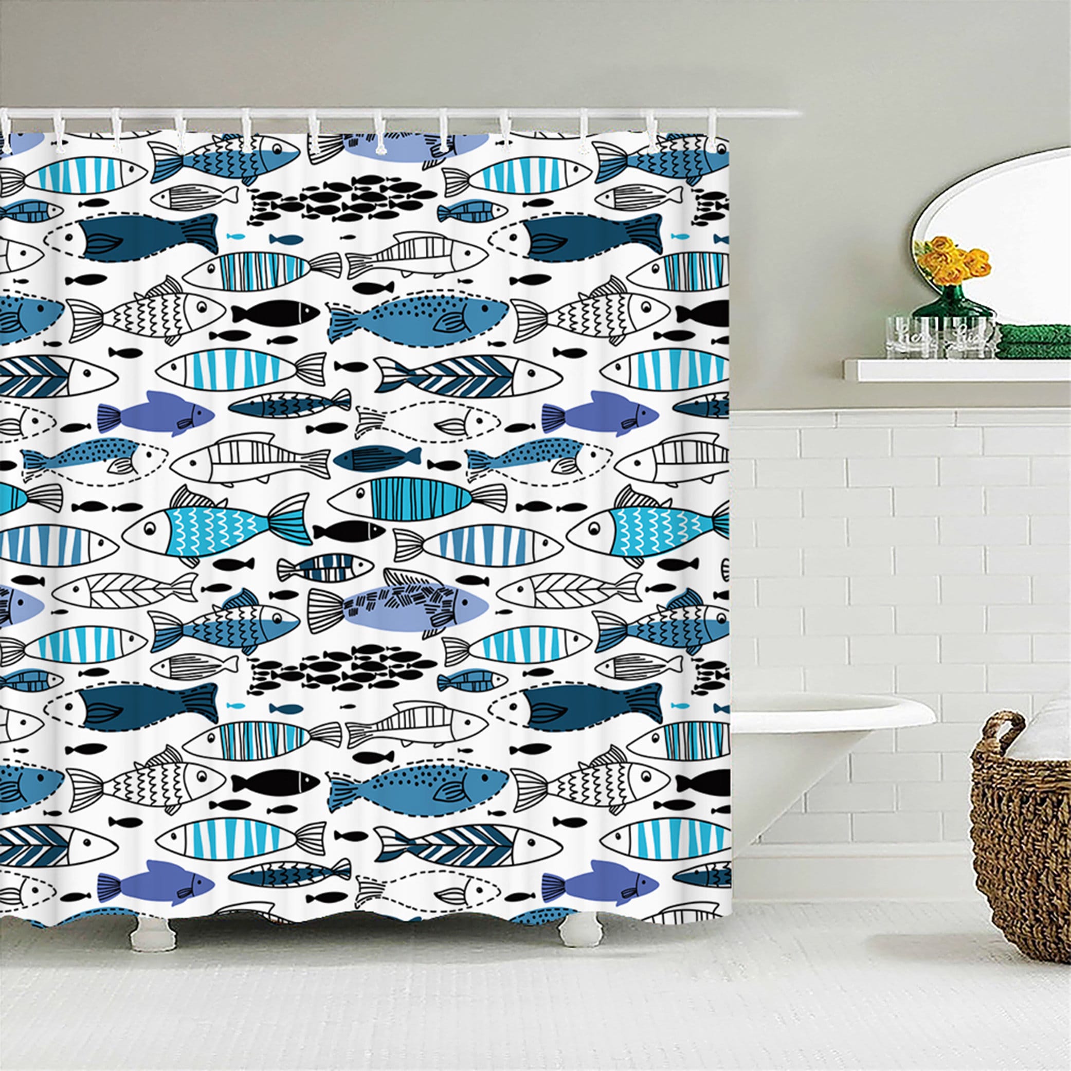 Japanese style ocean sea fishes Shower Curtain | Blue white Fish underwater | Fabric Bathroom Curtain