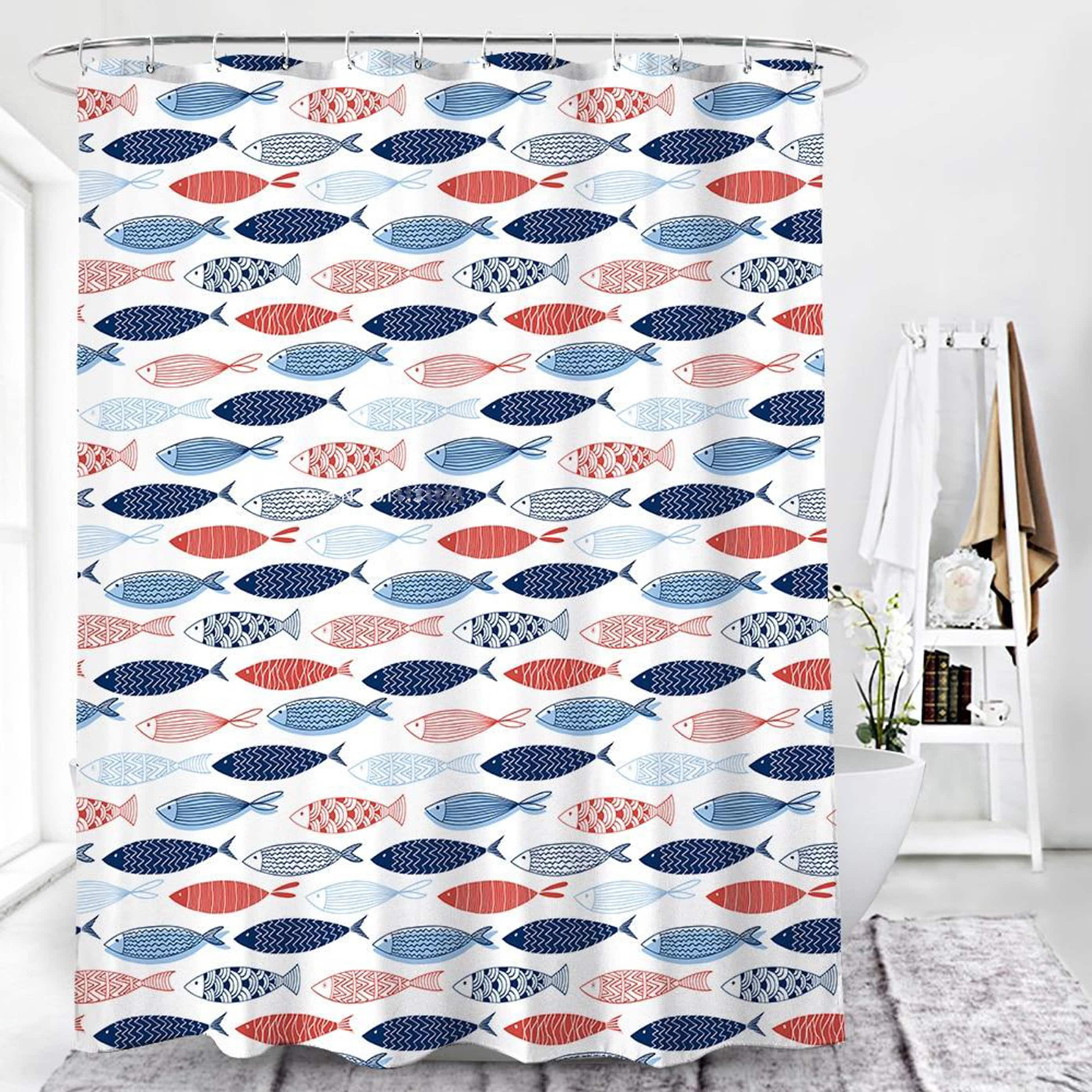 Japanese style ocean sea fishes Shower Curtain | Red Blue Fish underwater | Bathroom Curtain | Home bath Set Decor
