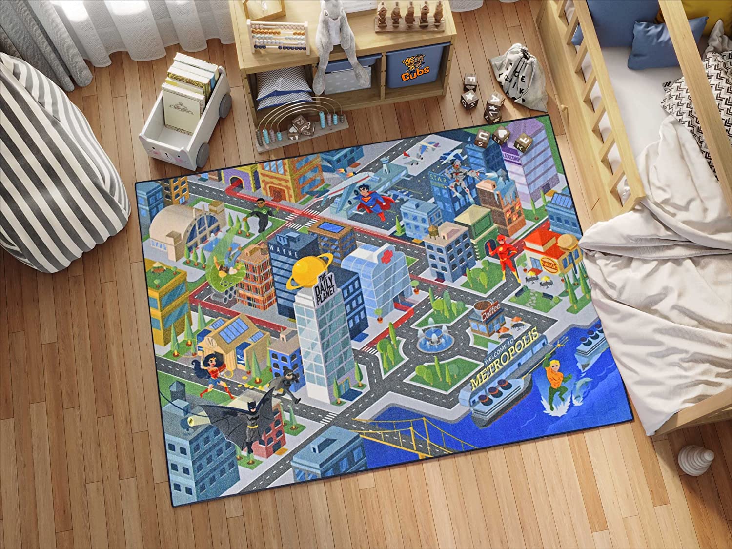 Justice League Kids Road Rug - Fun Game Area Carpet for Children's Bedroom and Playroom
