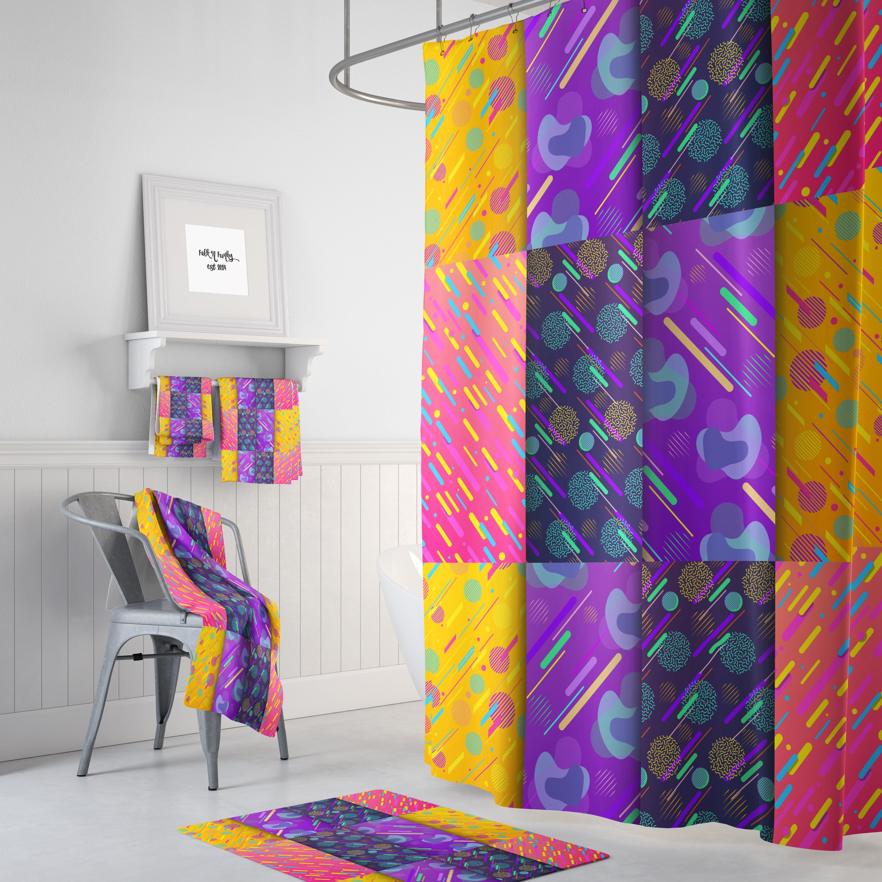 Kitschy Retro Shower Curtain with Coordinating Bath Mat and Towels