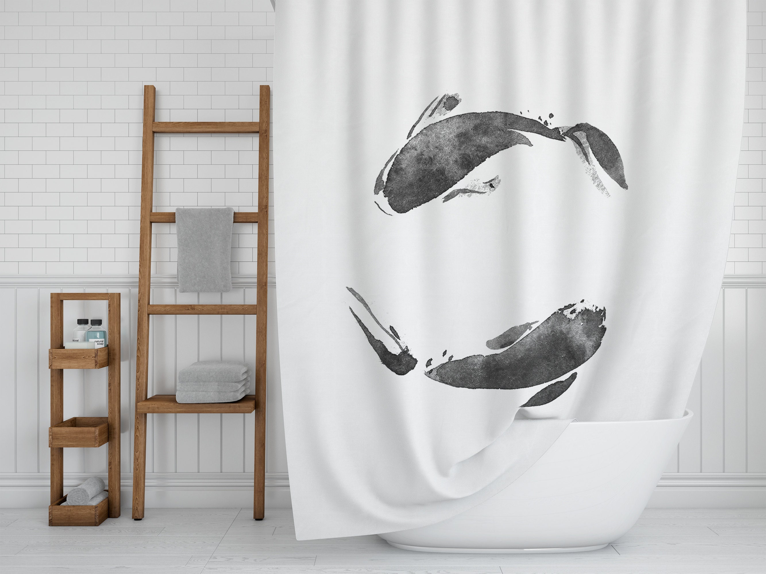 Koi Fish Shower Curtain, Japanese Art Bathroom Decor, Minimalist Black and White Bath Interior Design, Asian Boho Style