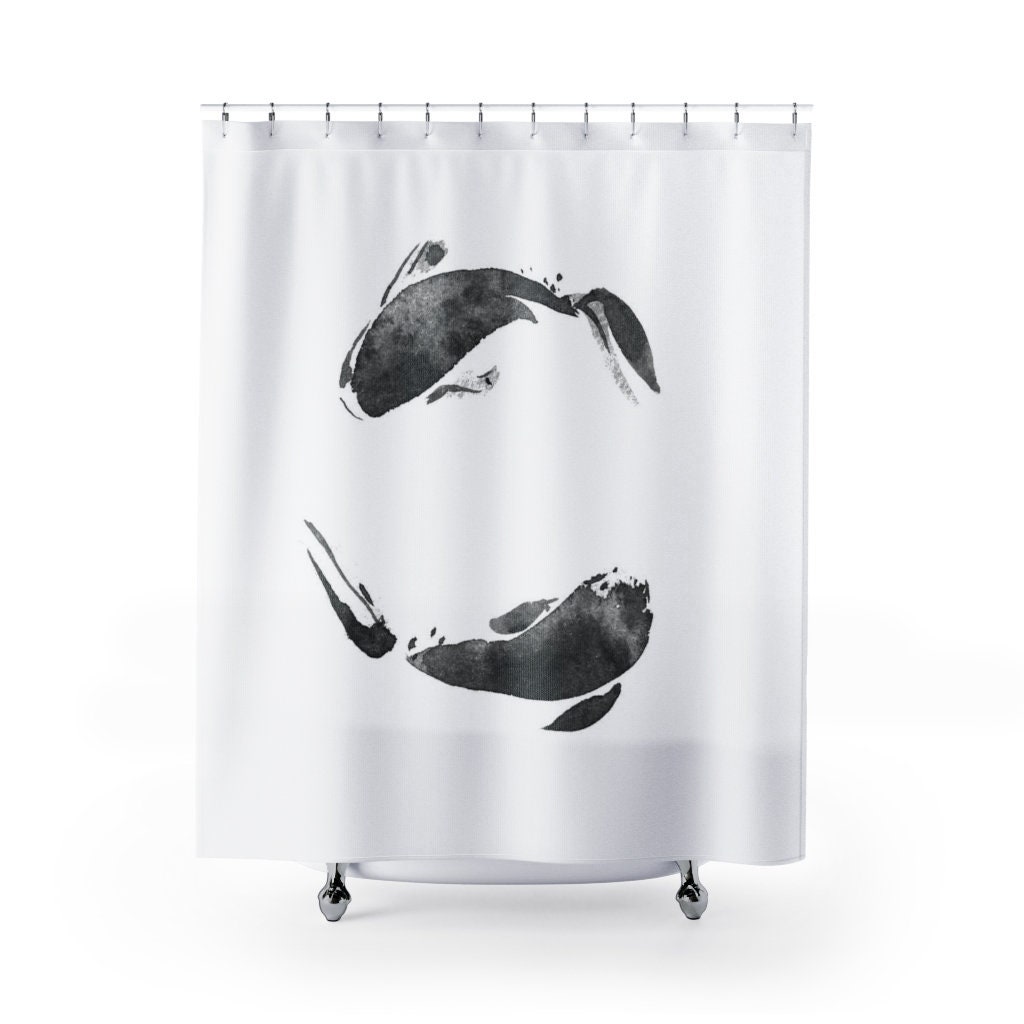Koi Fish Shower Curtain, Japanese Art Bathroom Decor, Minimalist Black and White Bath Interior Design, Asian Boho Style - Image 2
