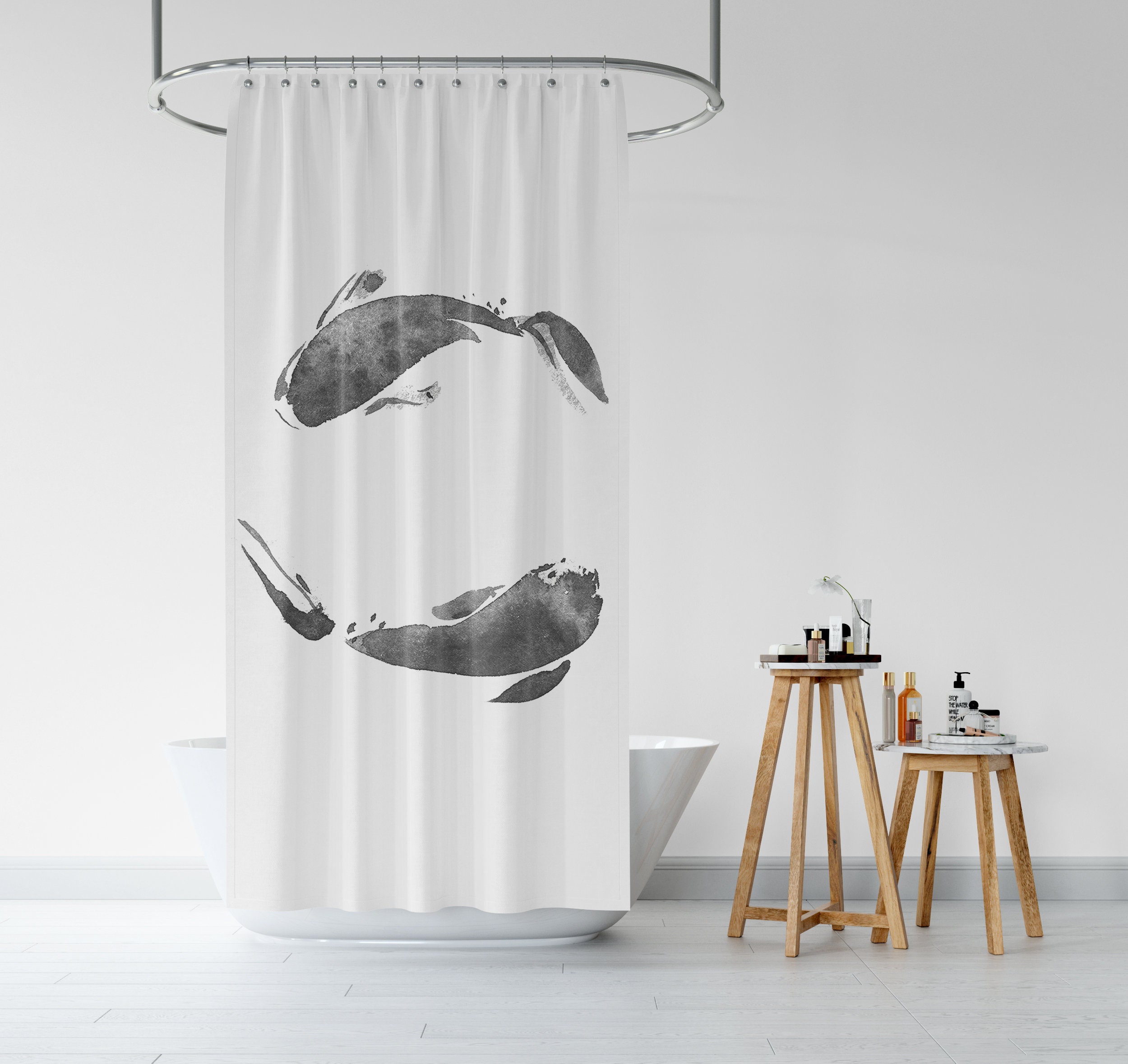 Koi Fish Shower Curtain, Japanese Art Bathroom Decor, Minimalist Black and White Bath Interior Design, Asian Boho Style - Image 3