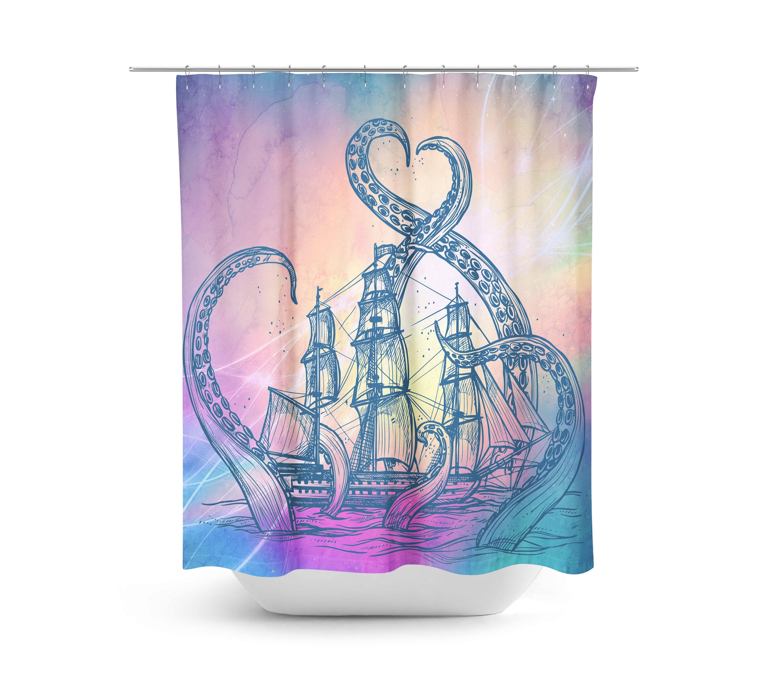 Kraken Octopus Shower Curtain, Nautical Bathroom Decor with Unique Shower Curtain Ideas - Image 2