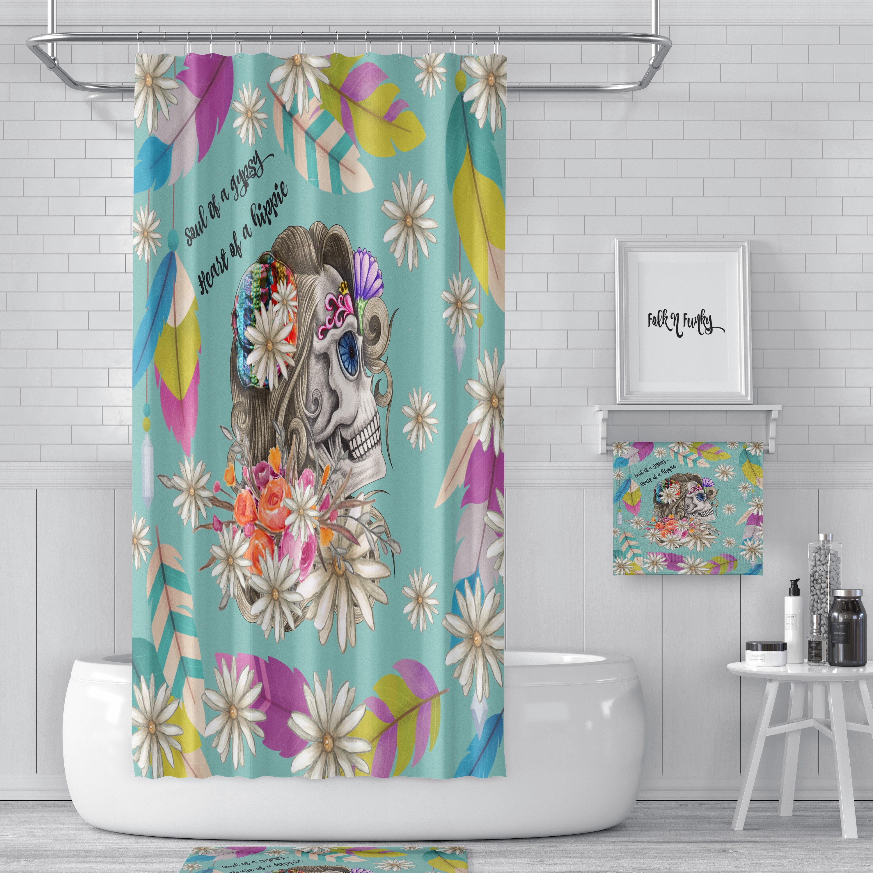 Lady Skull Sugar Skull Shower Curtain with Gypsy Bath Set