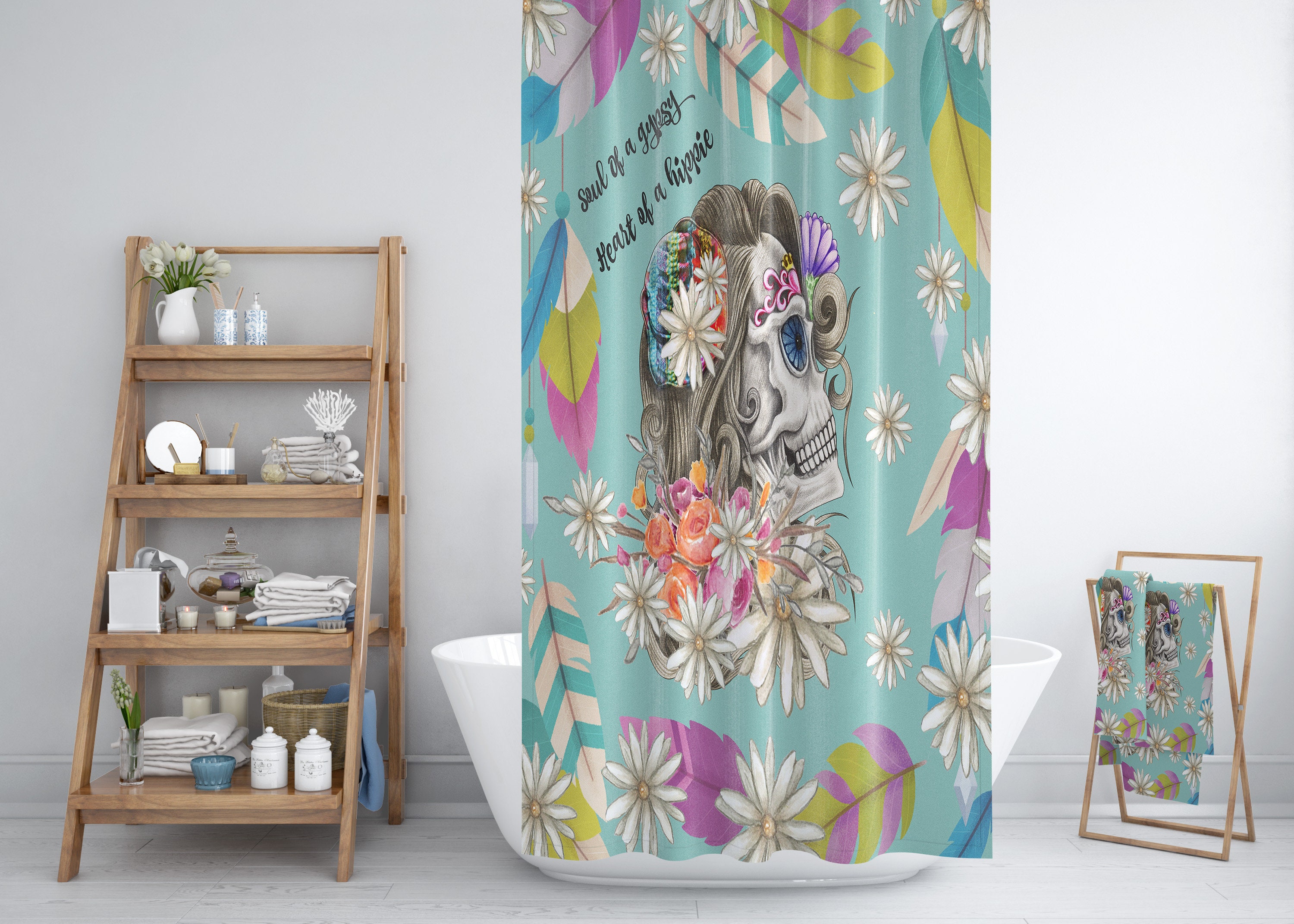Lady Skull Sugar Skull Shower Curtain with Gypsy Bath Set - Image 2