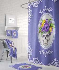 Lady Sugar Skull Purple Shower Curtain with Floral Skull and Bath Accessories