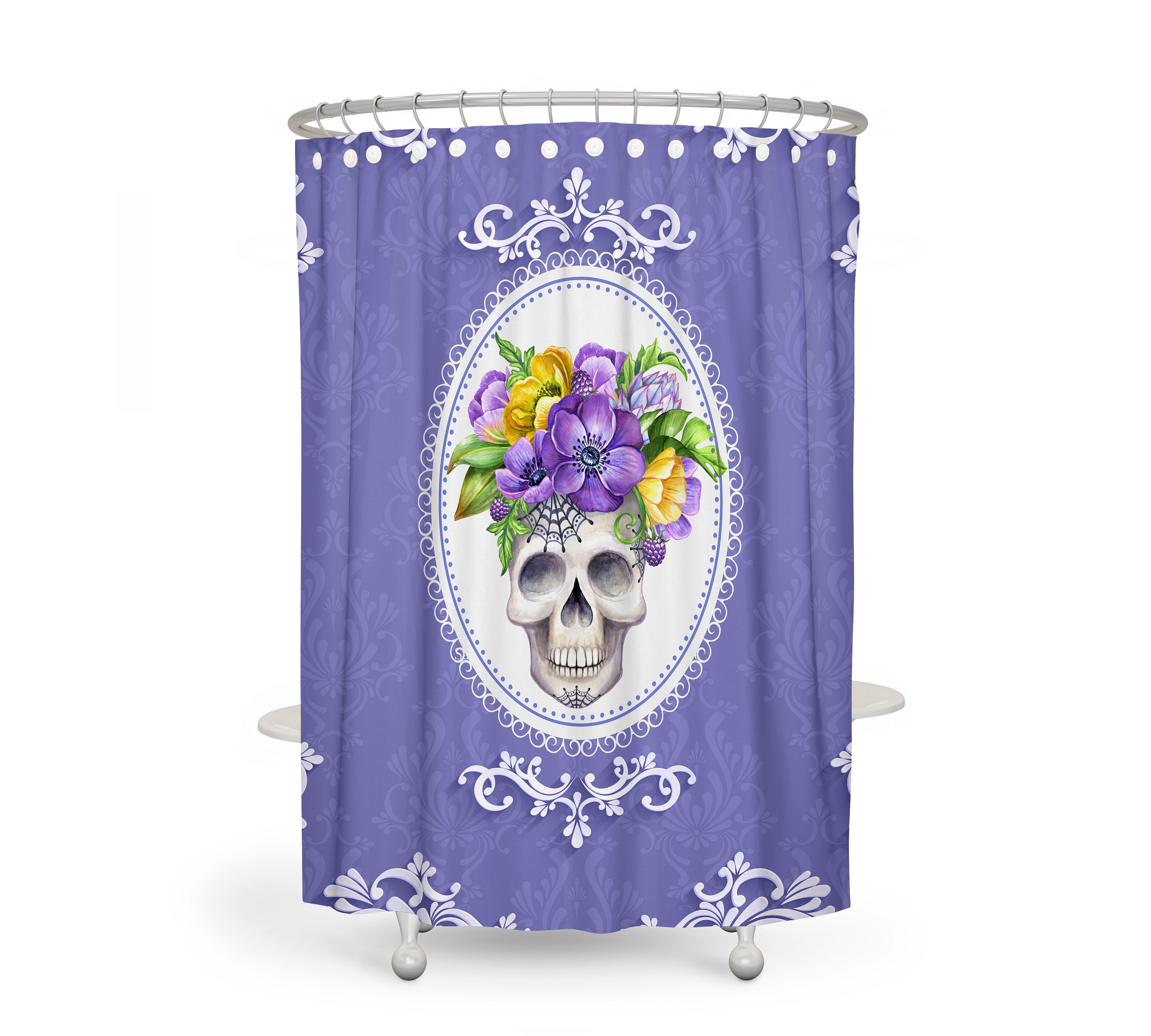 Lady Sugar Skull Purple Shower Curtain with Floral Skull and Bath Accessories - Image 2