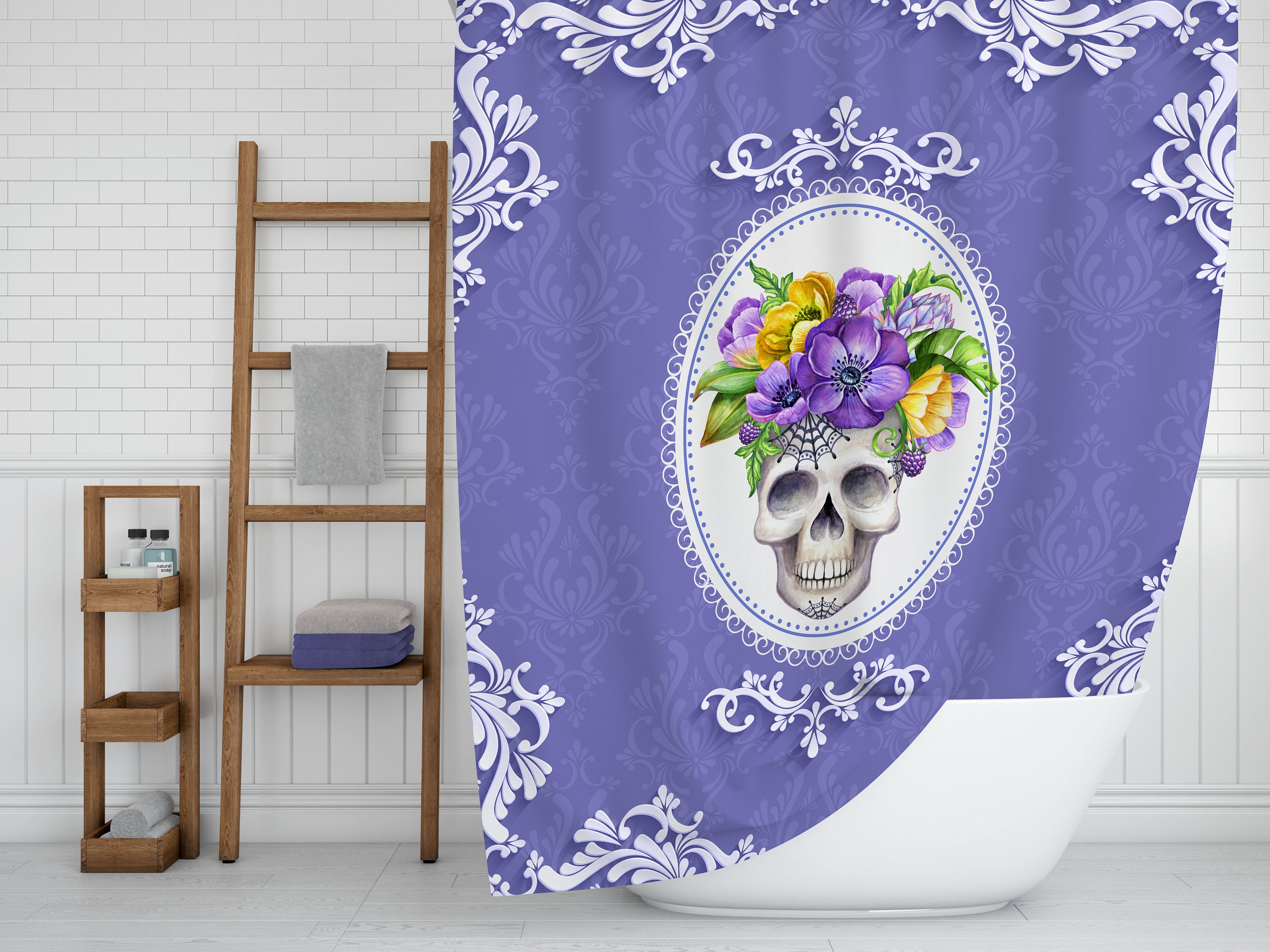 Lady Sugar Skull Purple Shower Curtain with Floral Skull and Bath Accessories - Image 3