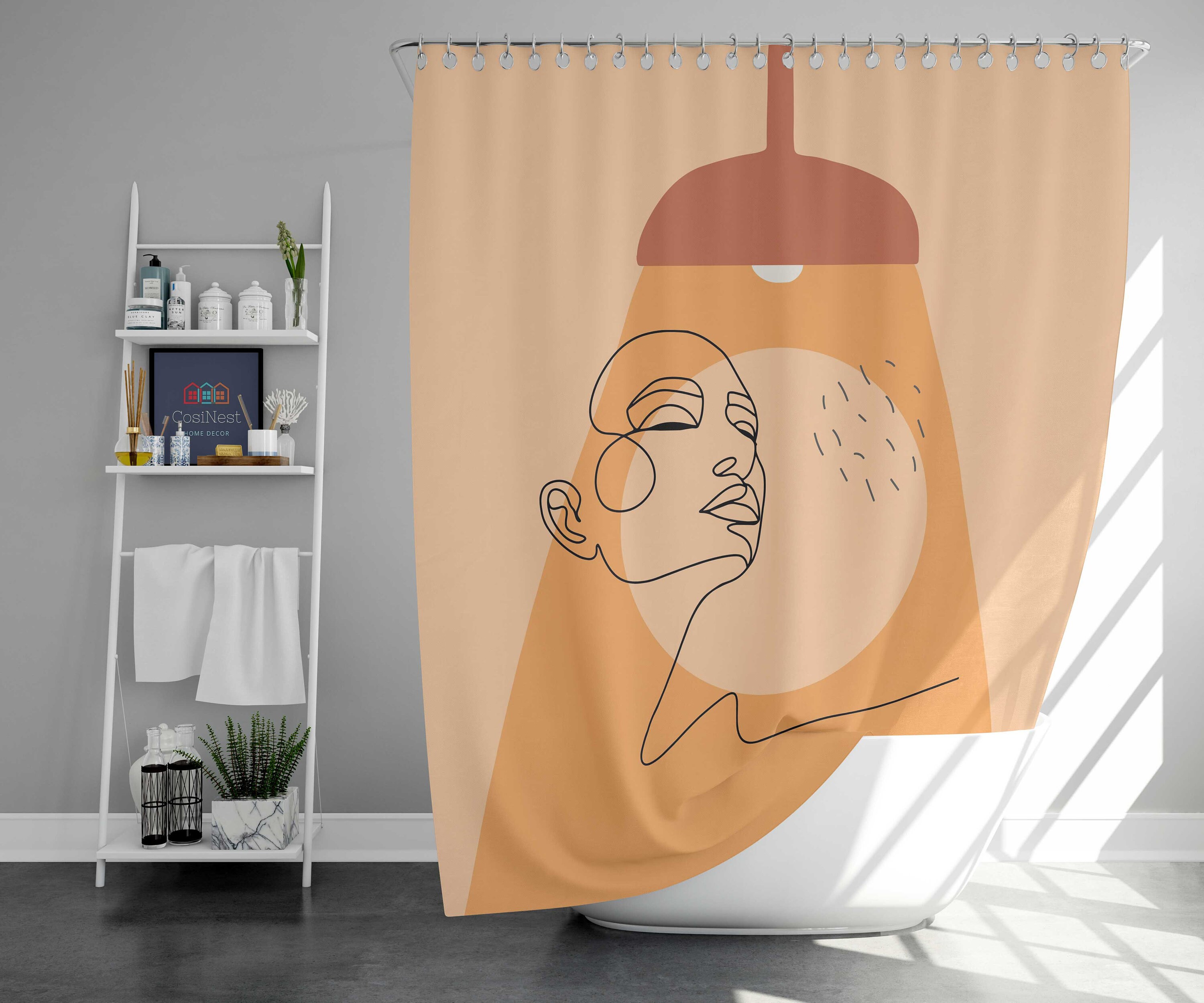 Lady in Bath Shower Curtain, Women's Face Portrait Line Drawing Bathroom Decor, Housewarming Gift Idea