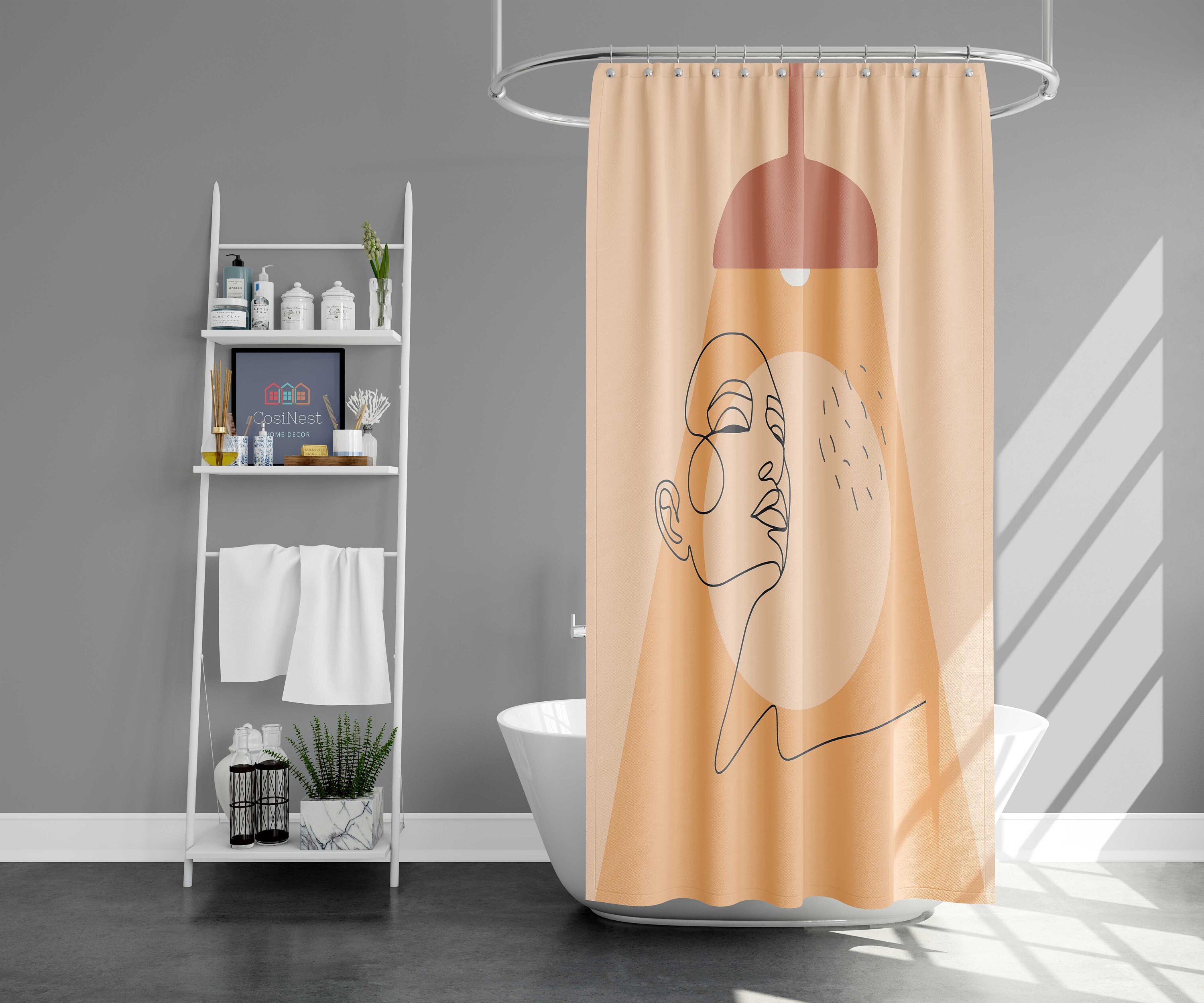 Lady in Bath Shower Curtain, Women's Face Portrait Line Drawing Bathroom Decor, Housewarming Gift Idea - Image 2
