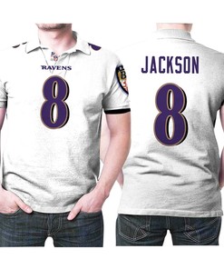 Lamar Jackson #8 NFL Great Player White 100th Season 3D Designed Allover Gift for Baltimore Fans Polo Shirt.