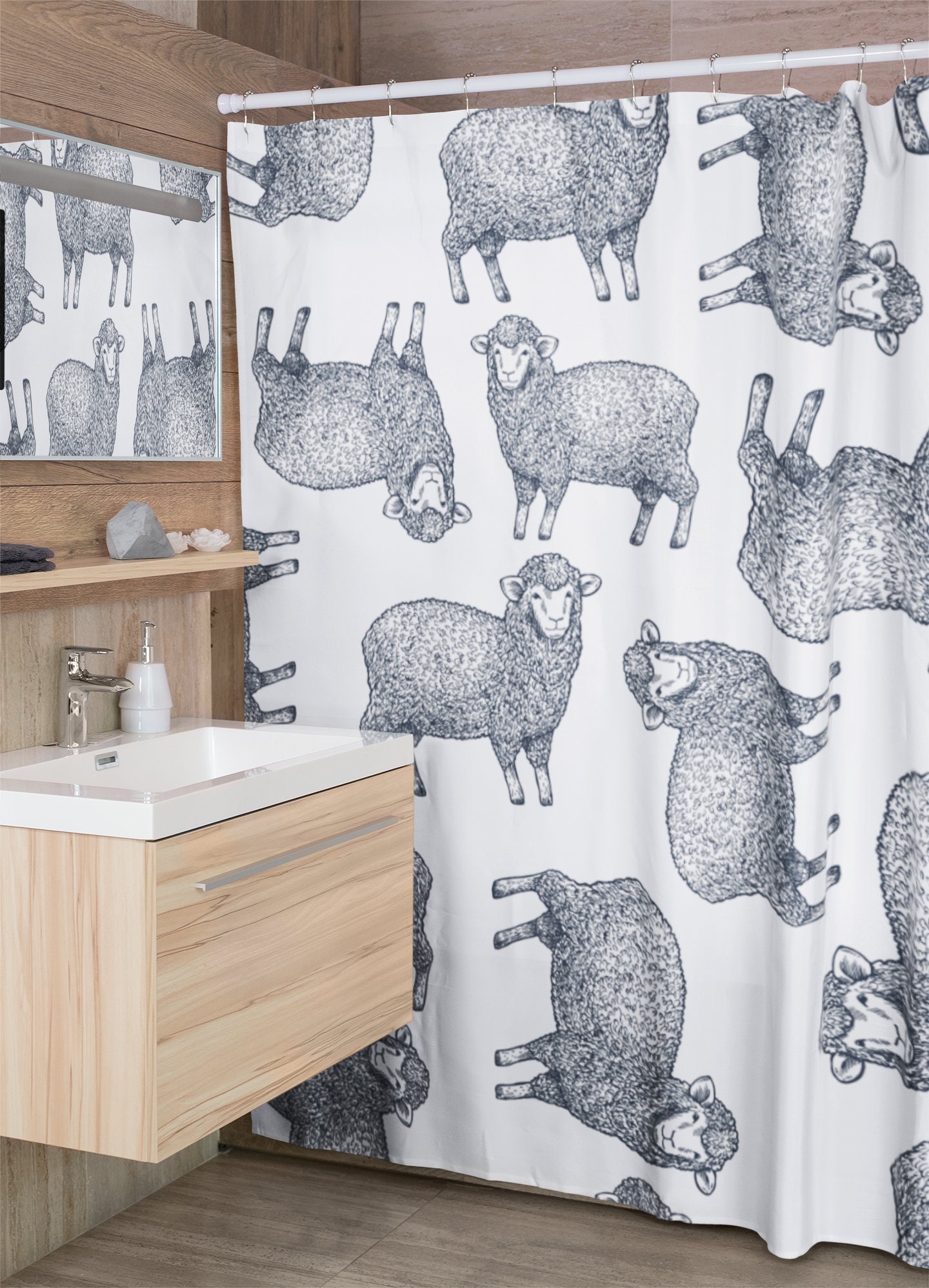 Lamb Farm Animals Shower Curtain | Modern Design Bathroom Decor | Animal Lover Gift | Luxury Shower Curtains - Image 3