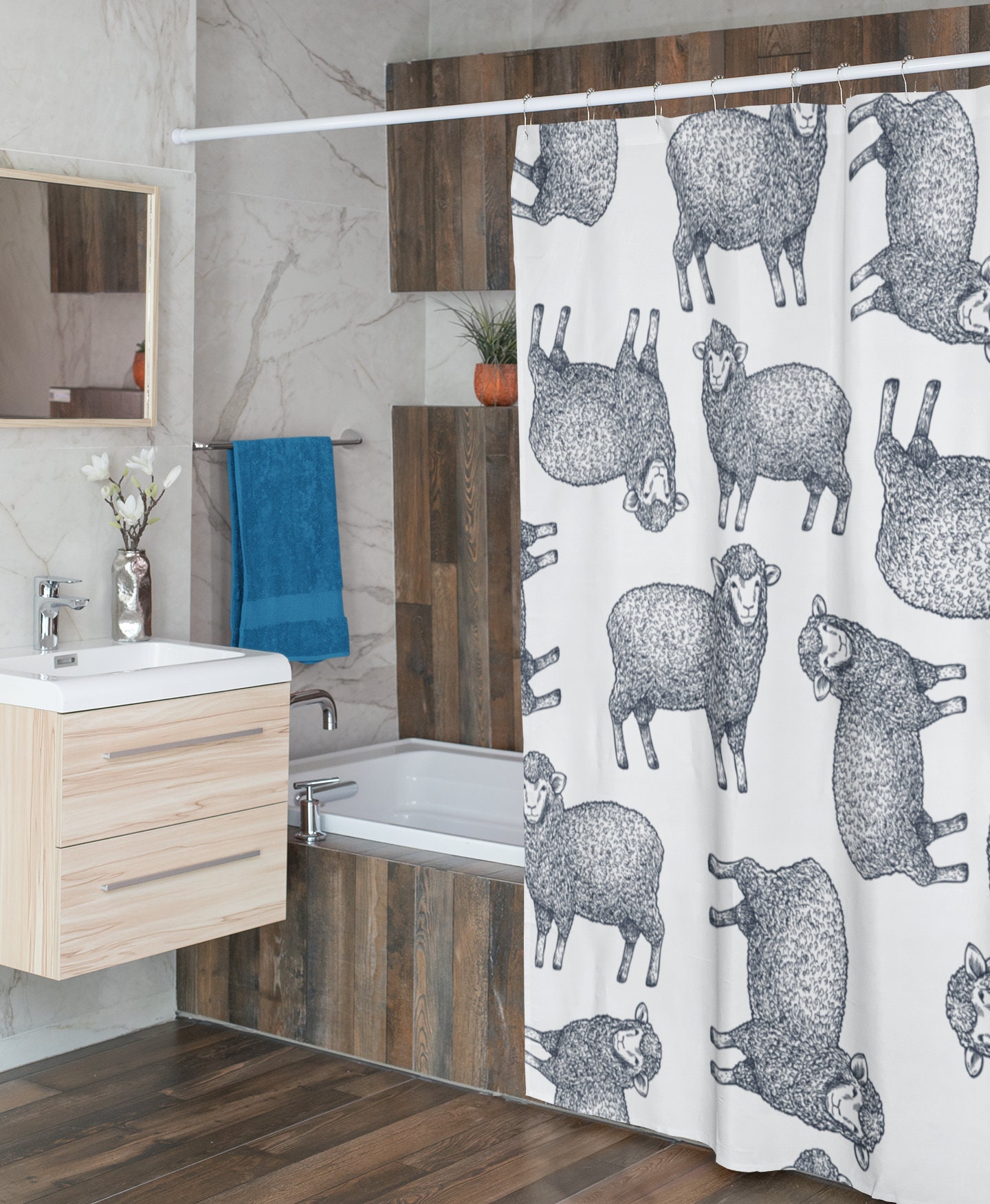 Lamb Farm Animals Shower Curtain | Modern Design Bathroom Decor | Animal Lover Gift | Luxury Shower Curtains - Image 4