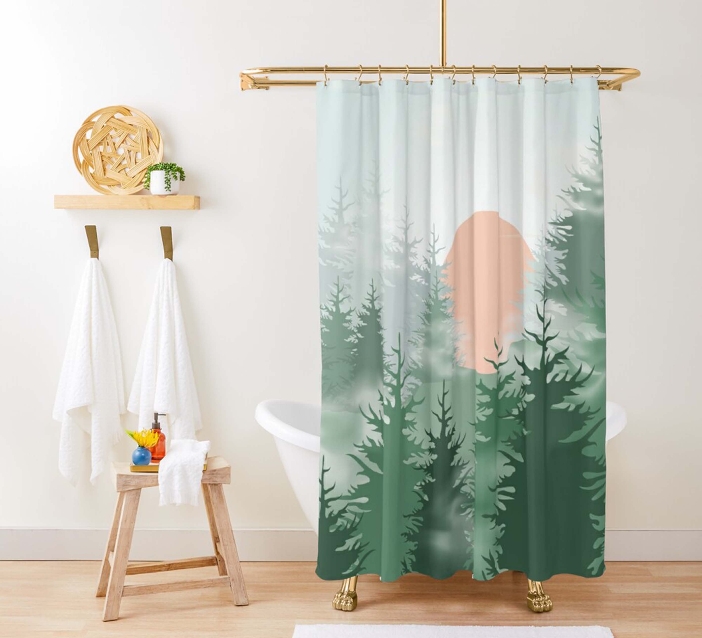 Landscape green trees Shower Curtain | Moon over Pine Forest fabric Bathroom Curtain & Mat | Home bathroom Set Decor