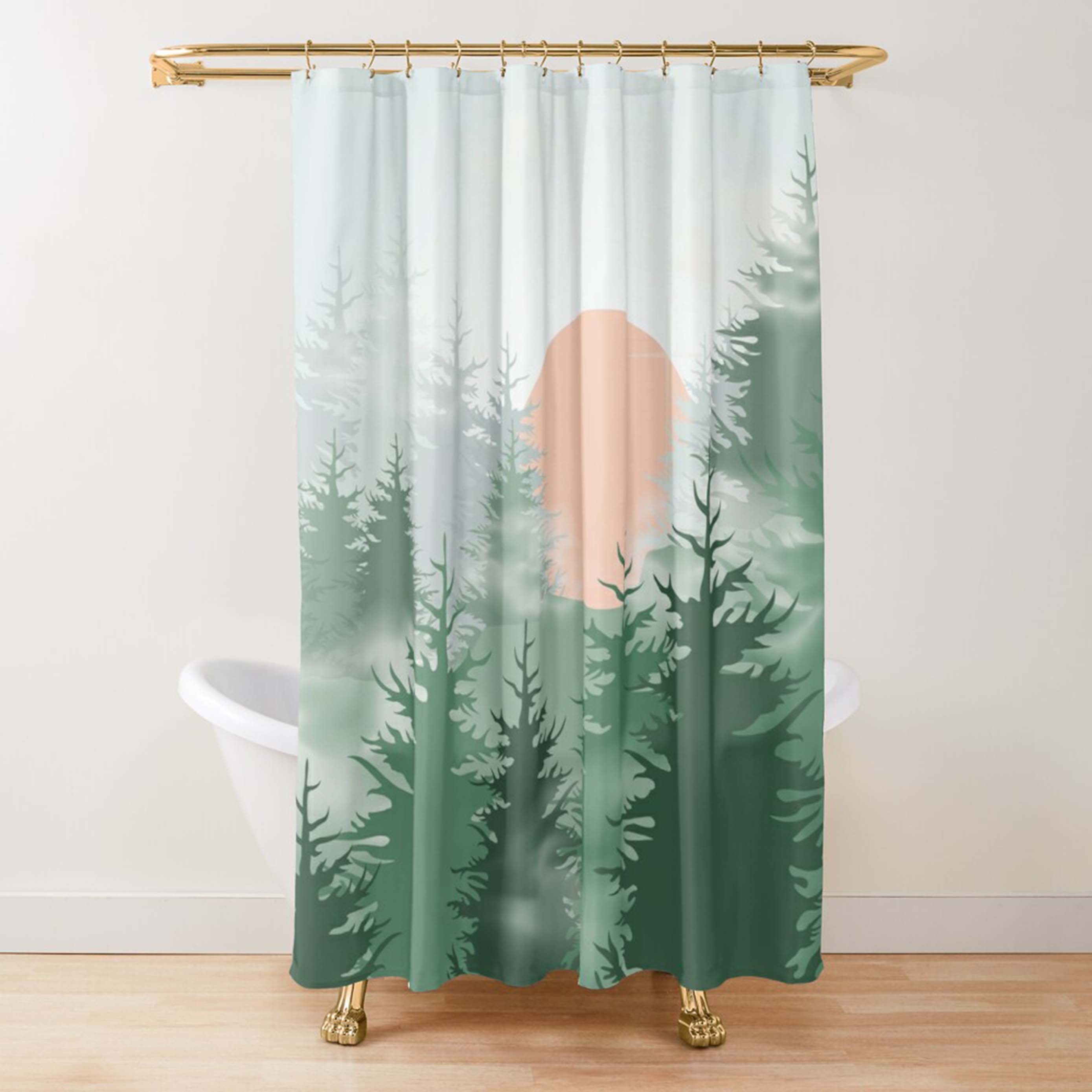 Landscape green trees Shower Curtain | Moon over Pine Forest fabric Bathroom Curtain & Mat | Home bathroom Set Decor - Image 2