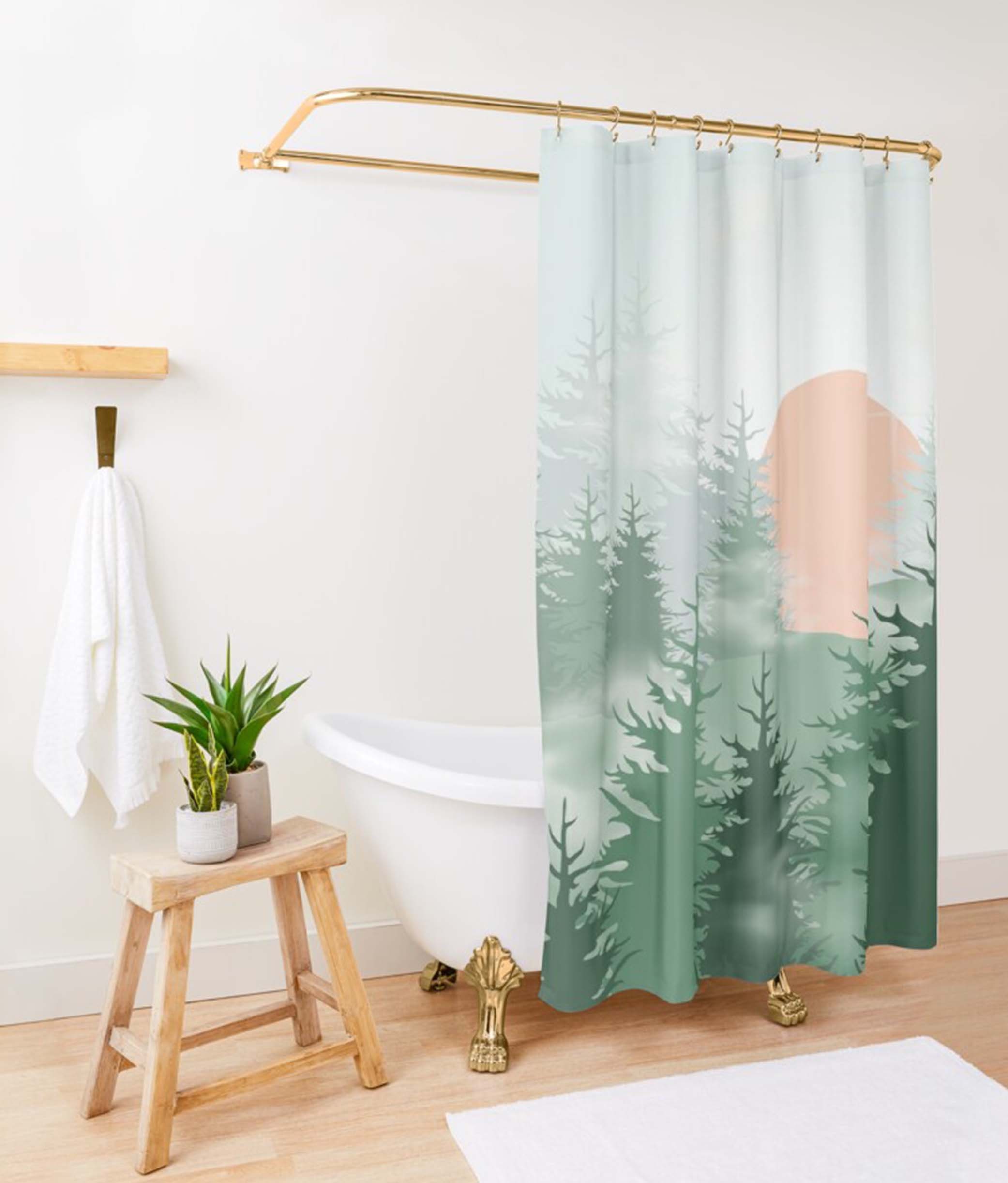 Landscape green trees Shower Curtain | Moon over Pine Forest fabric Bathroom Curtain & Mat | Home bathroom Set Decor - Image 3