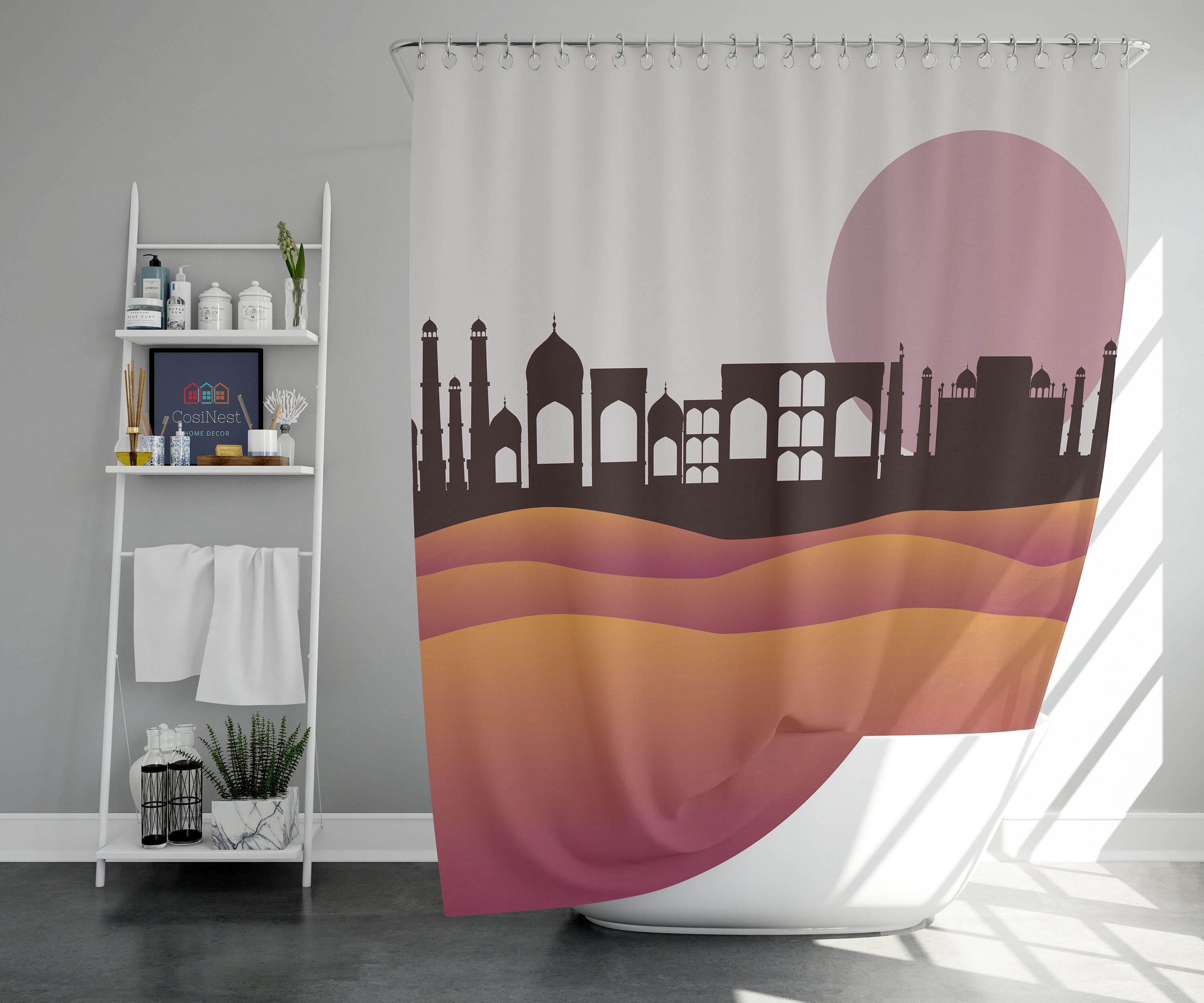 Landscape middle east Shower Curtain | Purple desert fabric Bathroom Curtain and mat | Home bath decor accessories
