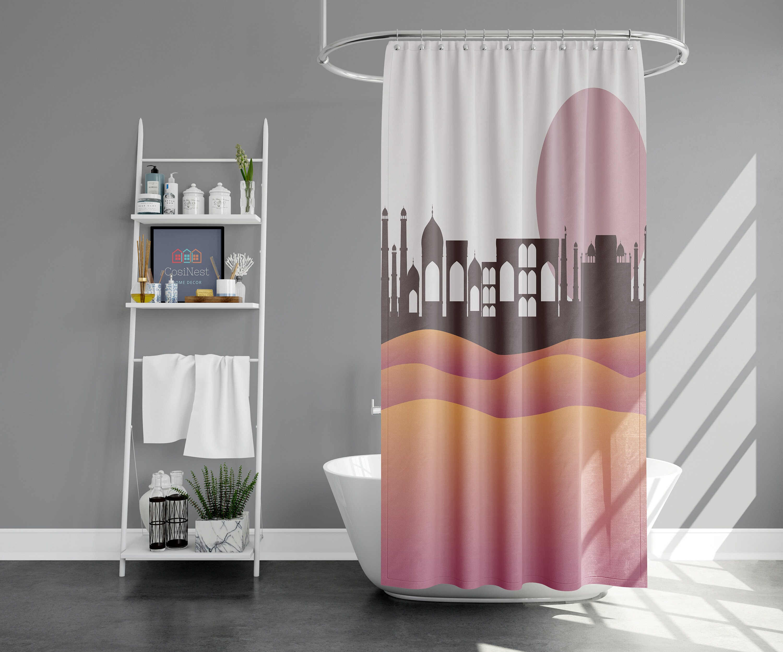 Landscape middle east Shower Curtain | Purple desert fabric Bathroom Curtain and mat | Home bath decor accessories - Image 2