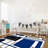Large 70s Geometric Area Carpet in Blue White Black with Modern Abstract Minimalist Design