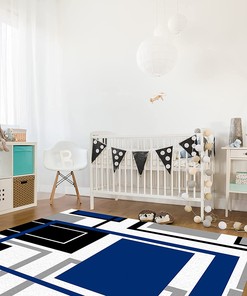 Large 70s Geometric Area Carpet in Blue White Black with Modern Abstract Minimalist Design