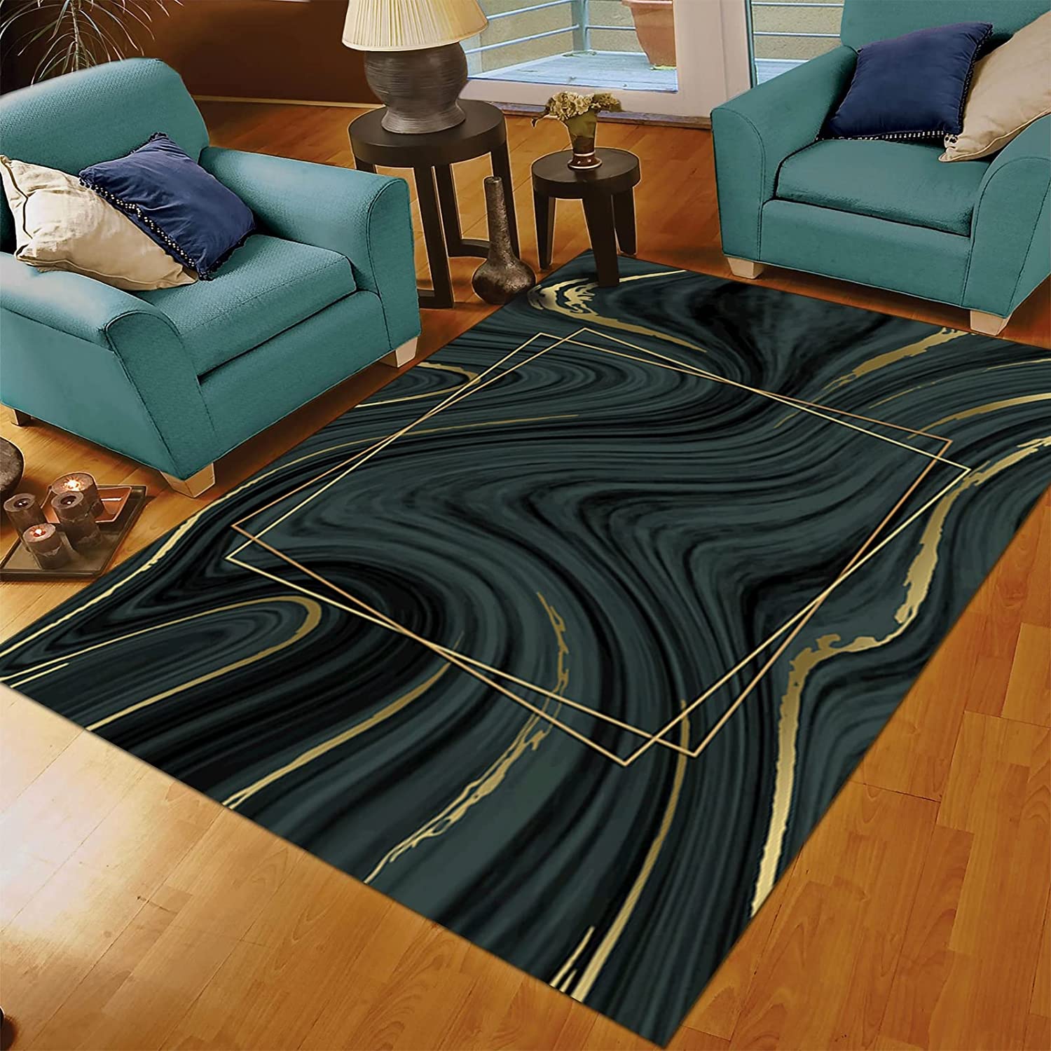 Large 70s Retro Simple Gold and Green Abstract Art Deco Rug for Living Room/Bedroom Decor