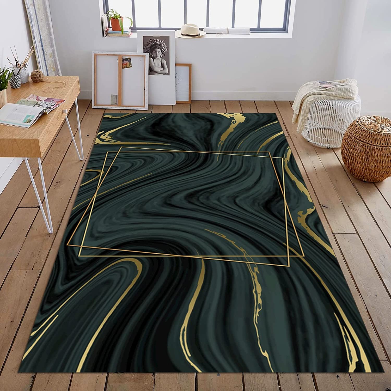 Large 70s Retro Simple Gold and Green Abstract Art Deco Rug for Living Room/Bedroom Decor - Image 2