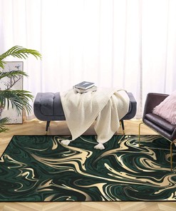 Large 70s Style Emerald Green Black Gold Marble Area Rug â€“ Unique and Stylish Room Carpet