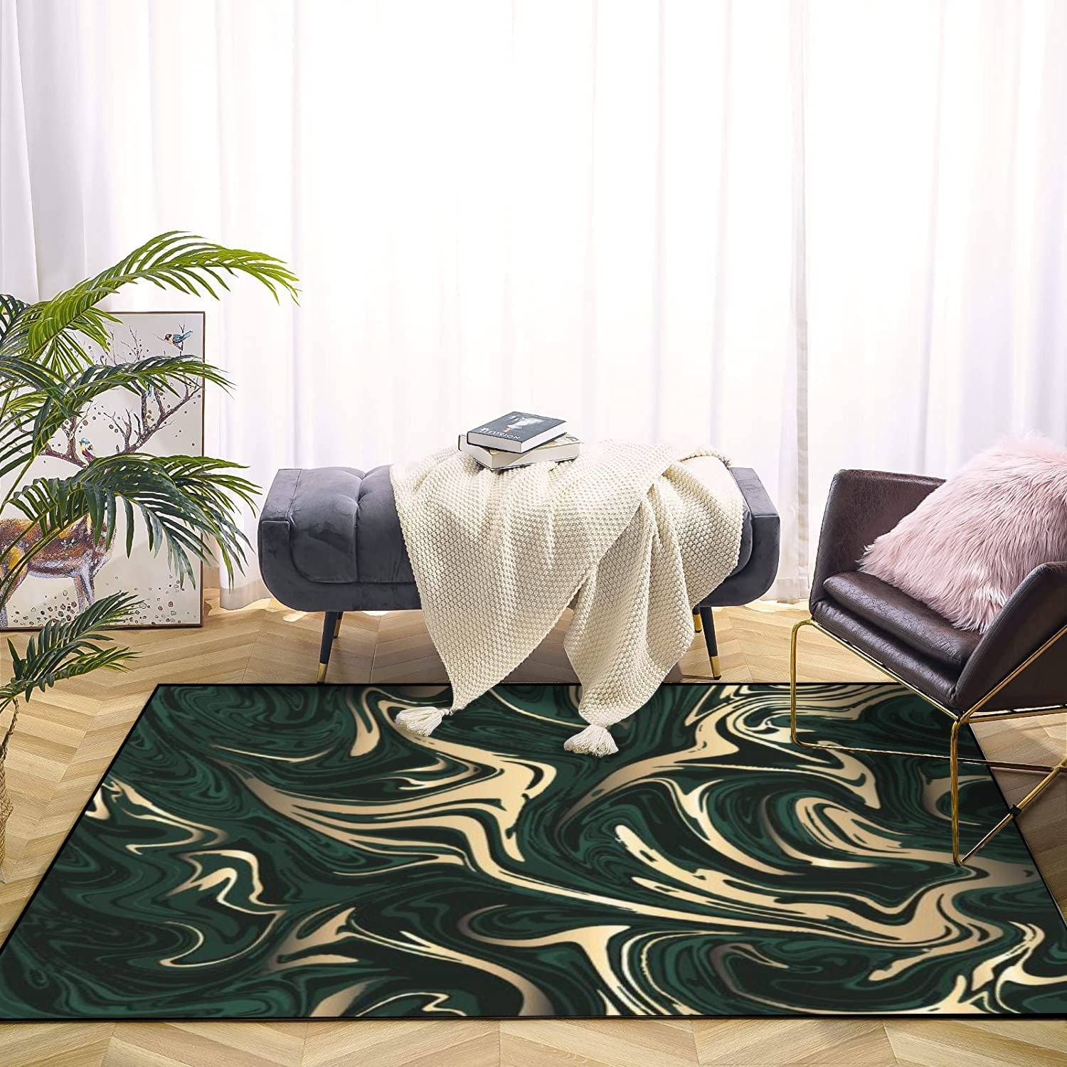 Large 70s Style Emerald Green Black Gold Marble Area Rug – Unique and Stylish Room Carpet