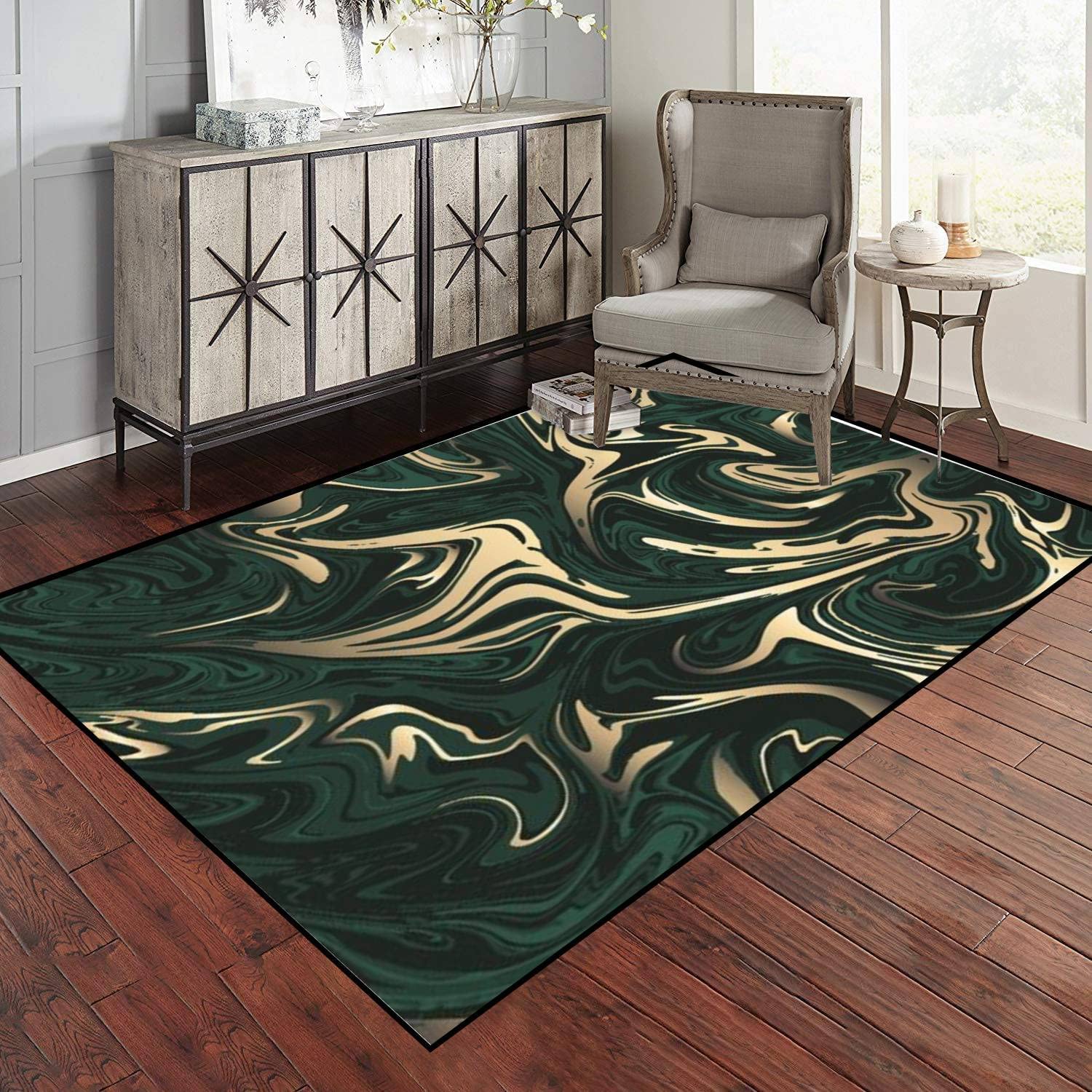 Large 70s Style Emerald Green Black Gold Marble Area Rug – Unique and Stylish Room Carpet - Image 2