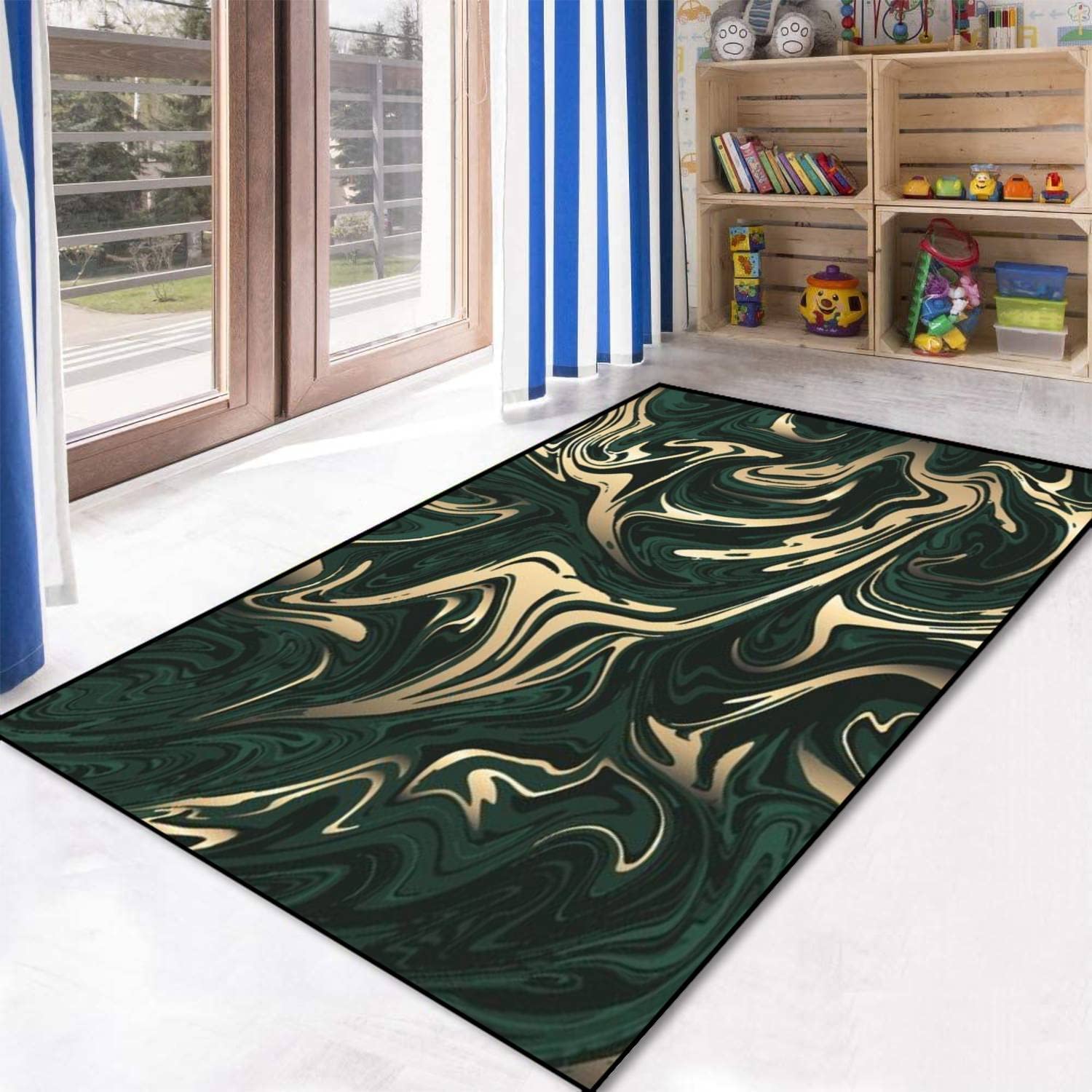 Large 70s Style Emerald Green Black Gold Marble Area Rug – Unique and Stylish Room Carpet - Image 3