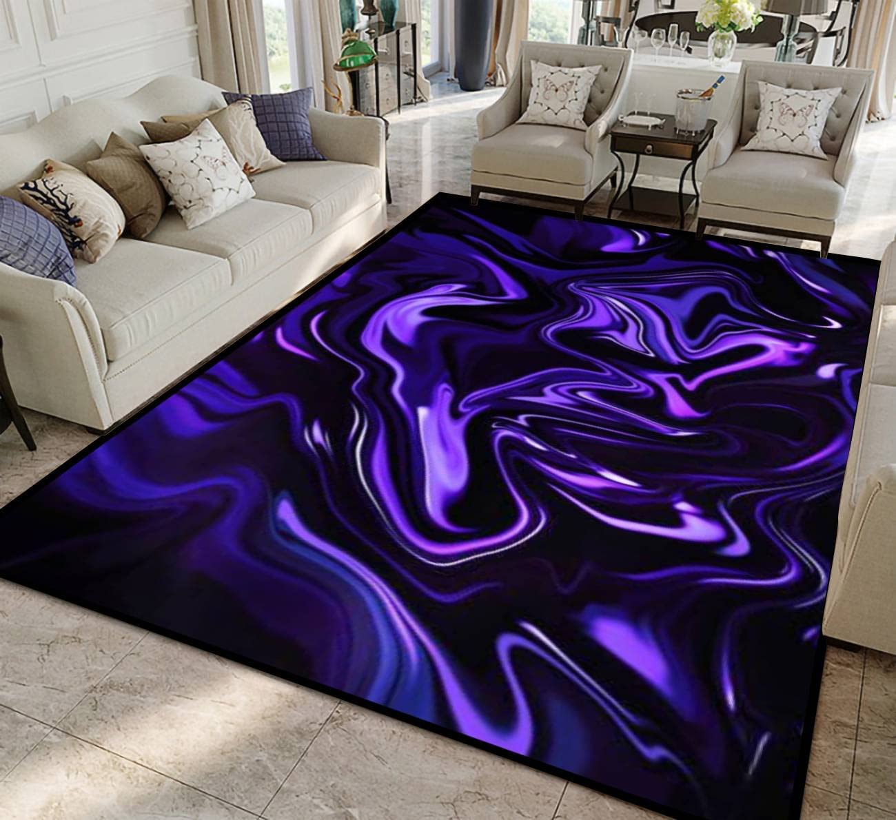 Large 70s Style Marble Blue Ultra Violet Black Abstract Neon Purple Wave Gradient Art Rugs for Indoor and Outdoor Use - Image 2