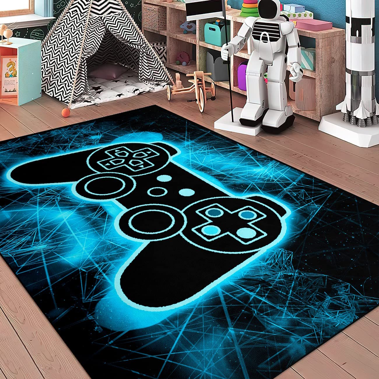 Large Black Polyester Fiber Floor Carpet Yoga Mat for Home Decor, Video Game Controller Gamepad Printed Area Rugs