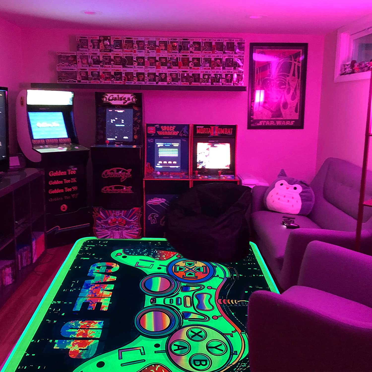 Large Non-Slip Gaming Area Rug with UV Reactive Glow-in-the-Dark Design: Enhance Your Bedroom and Playroom Decor